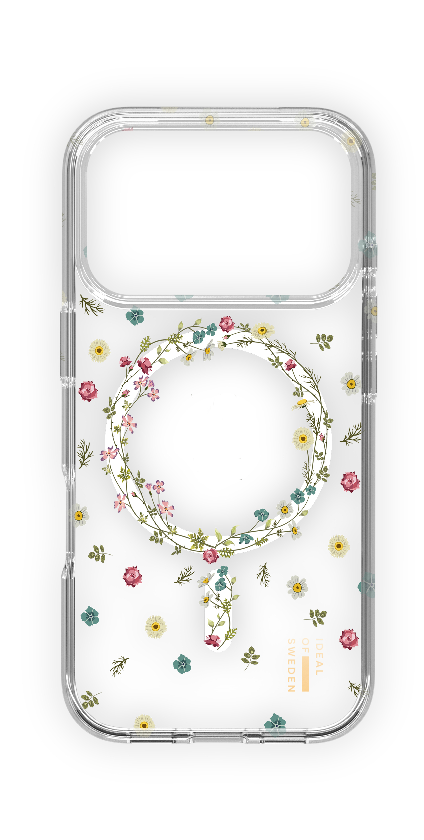 Transparente Handyhülle mit floralem Design. Die Hülle hat einen Kranz und verstreute Blumen.