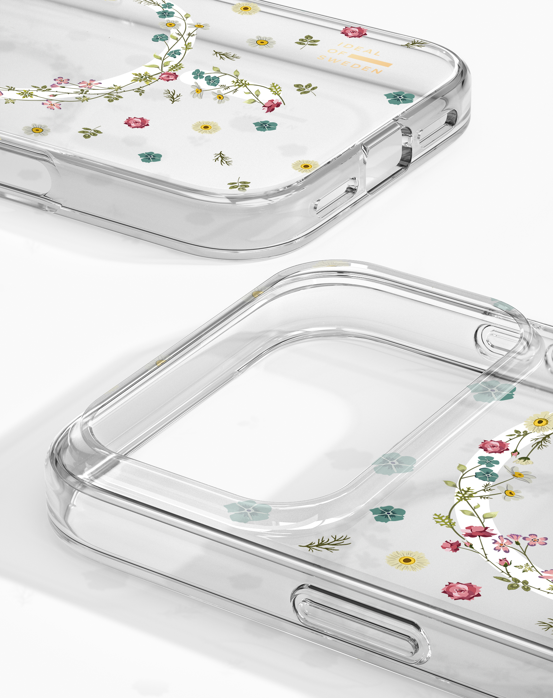 Zwei transparente Handyhüllen mit Blumenmustern auf weißem Hintergrund. Eine oben und eine unten.