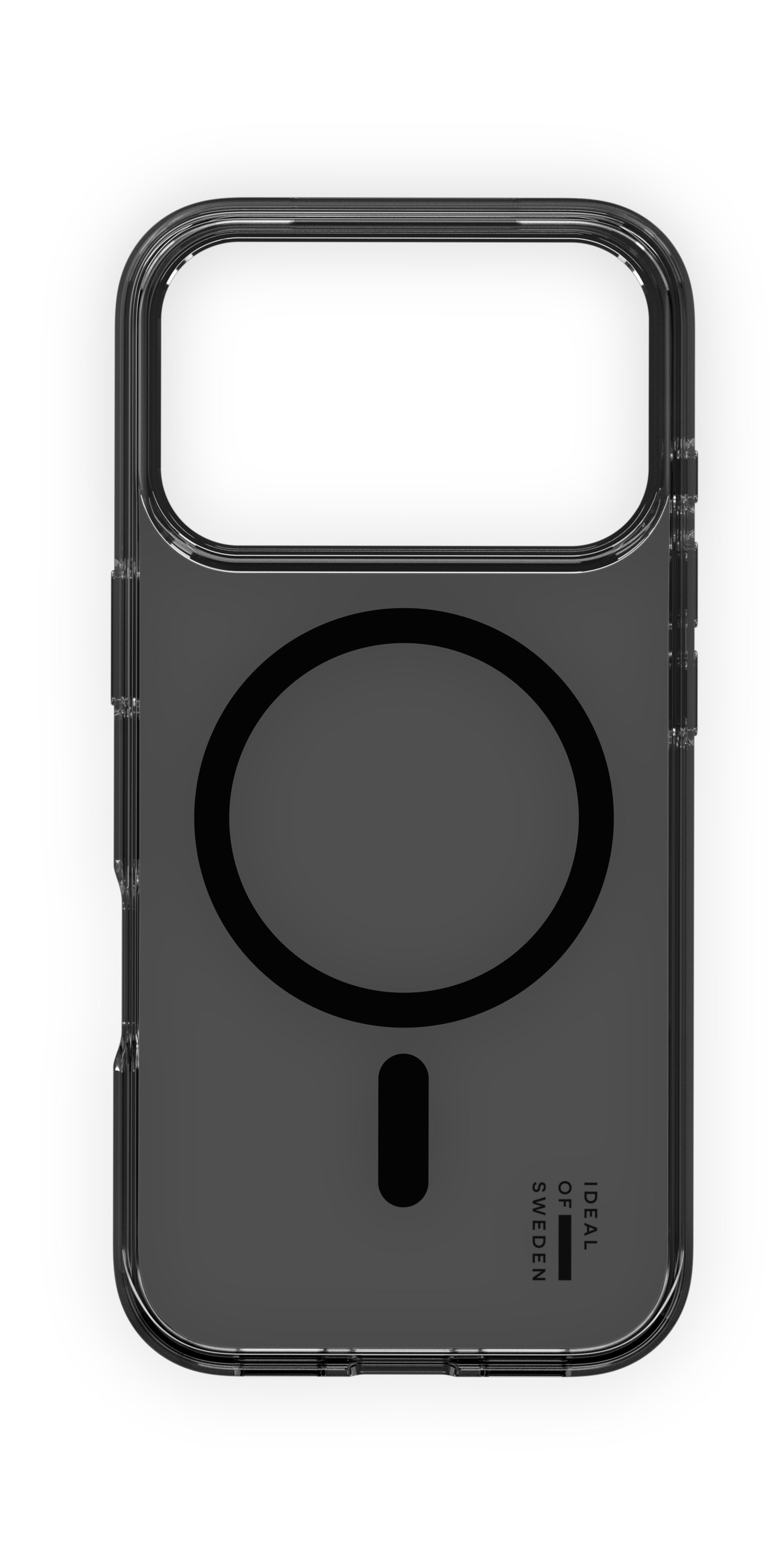 Eine transparente Handyhülle mit dunkelgrauem Innenraum. Sie hat ein kreisförmiges und ein rechteckiges Design, mit 'IDEAL OF SWEDEN' gedruckt.