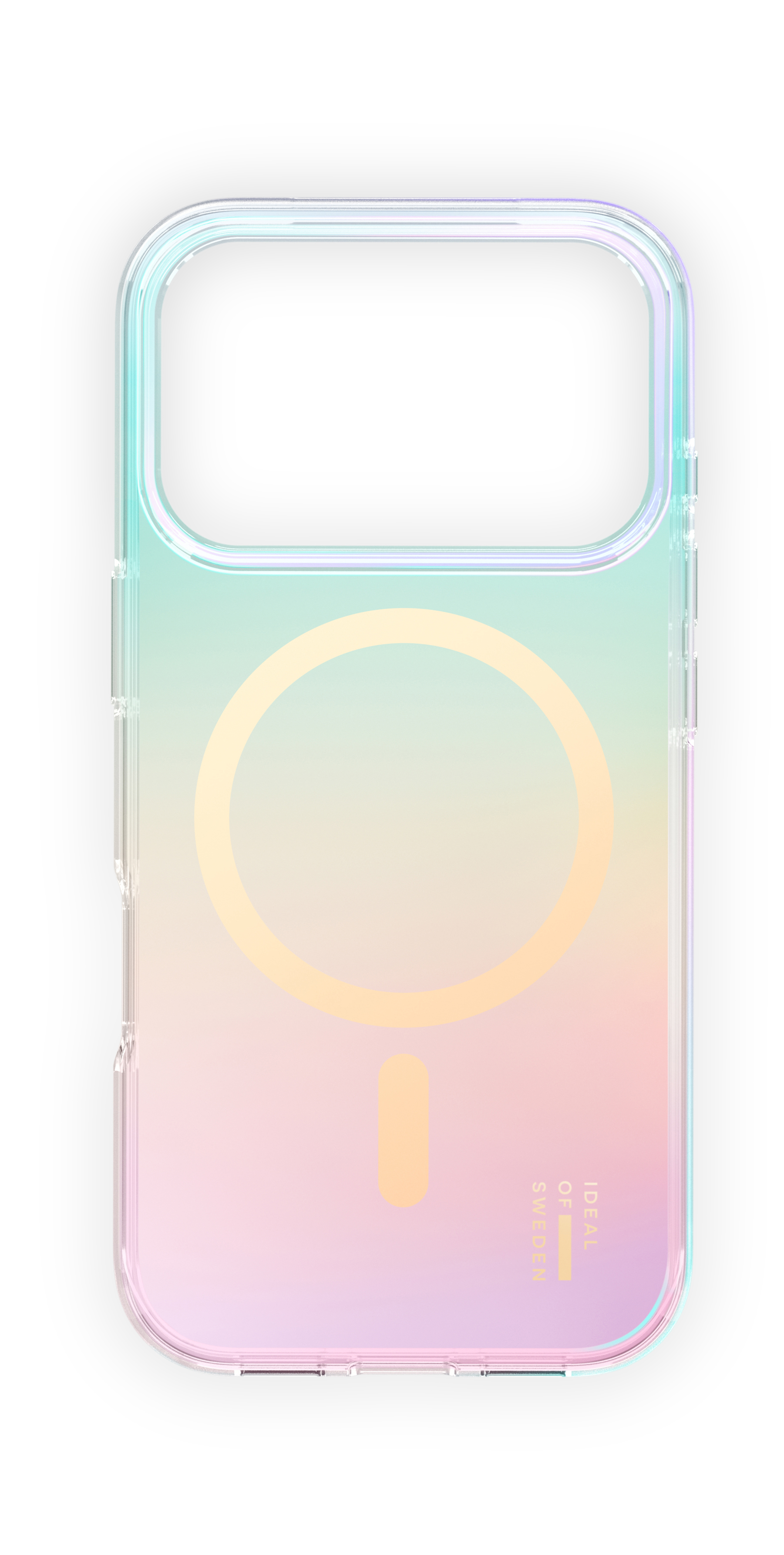 Transparente Handyhülle mit Farbverlauf. Sie hat einen gelben Kreis und ein Rechteck. Text: 'Ideal of Sweden'.