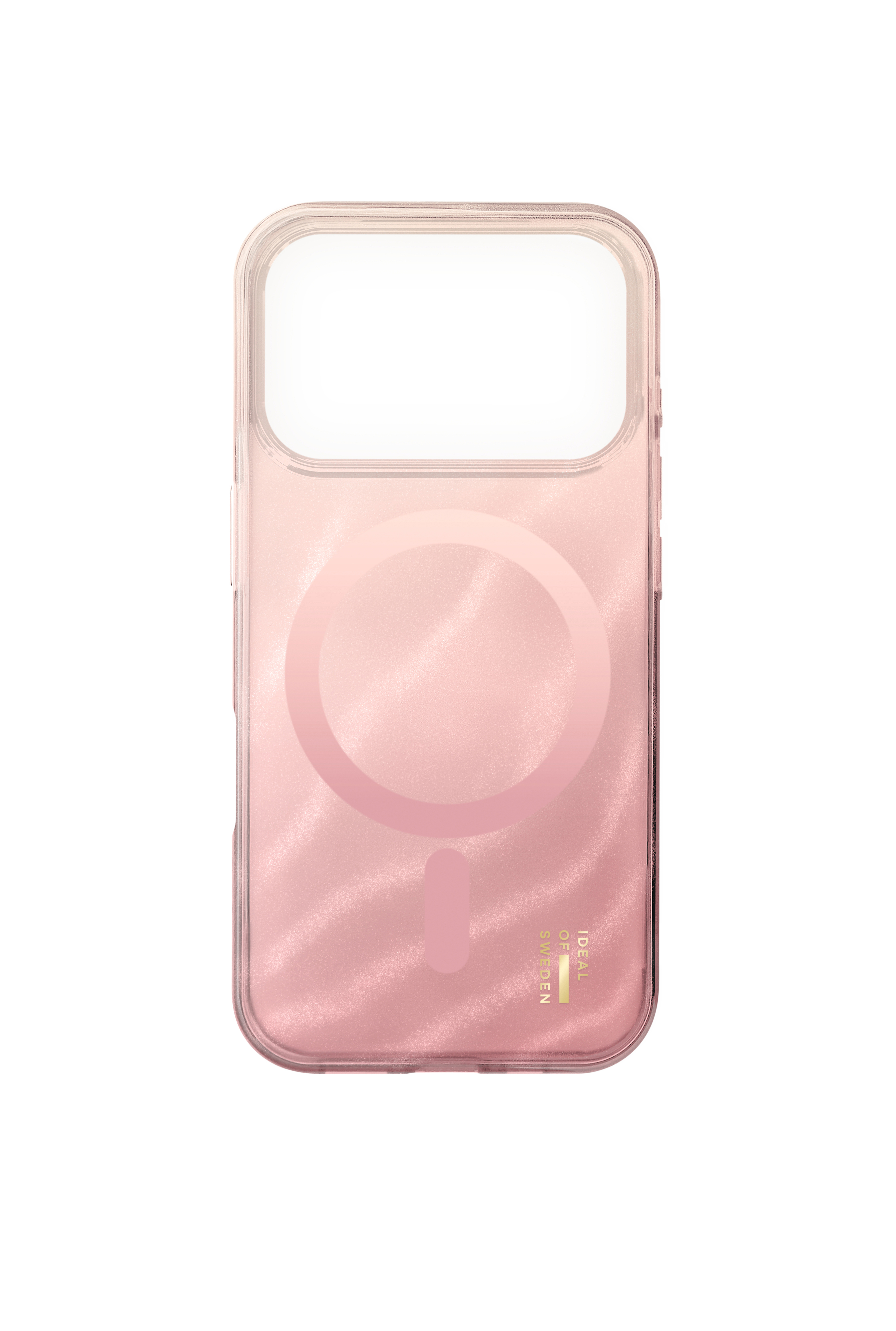 Eine transparente Handyhülle mit rosa Wirbeldesign. Die Hülle hat einen Ausschnitt für die Kamera und einen Magnetkreis.