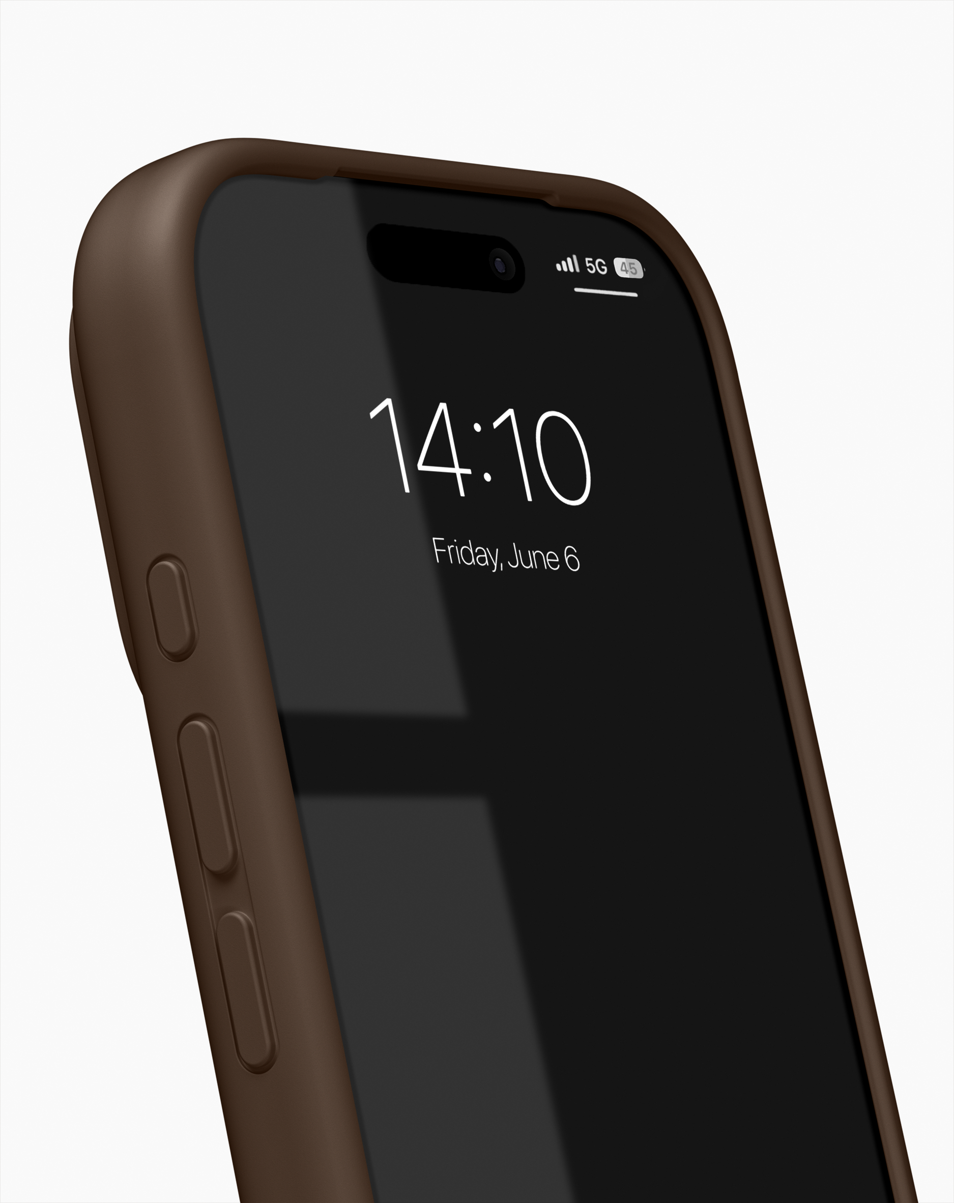 Eine braune Handyhülle umgibt einen schwarzen Bildschirm, der die Uhrzeit 14:10 und Freitag, 6. Juni anzeigt. Ein 5G-Logo ist sichtbar.