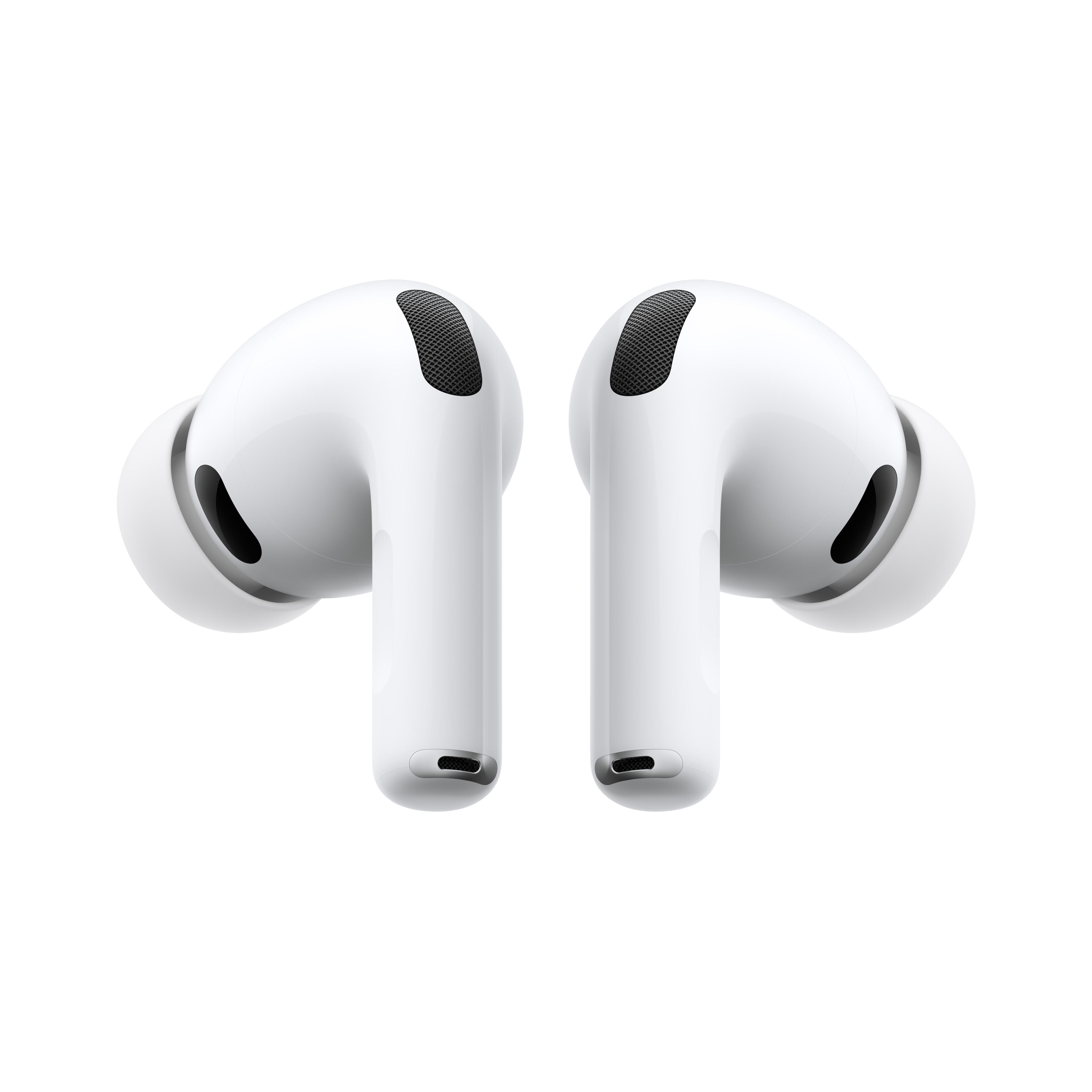 Zwei weiße Apple AirPods Pro-Ohrhörer, abgewinkelt, auf weißem Hintergrund. Jeder hat ein schwarzes Gitter.