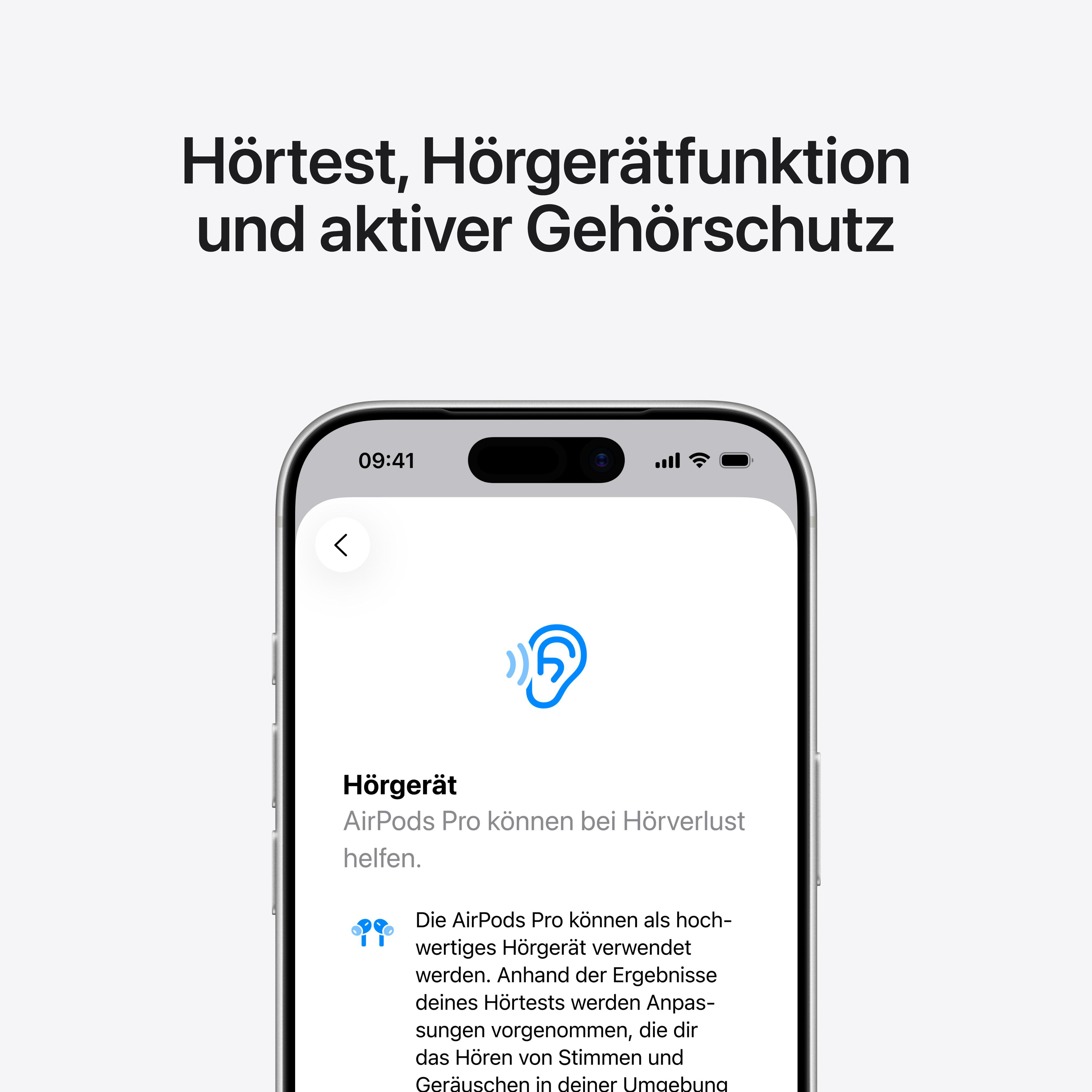 Screenshot zeigt iPhone-Bildschirm. Er zeigt Hörgerätefunktionen. Text enthält 'Hörtest' und 'Gehörschutz'.