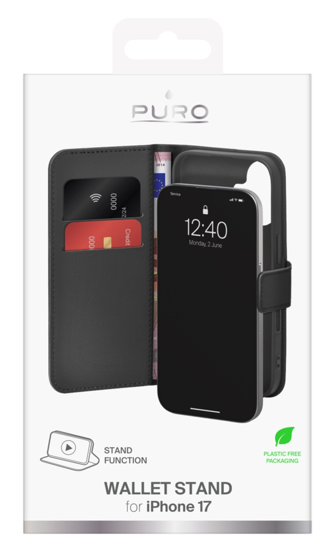 Etui portfelowe dla iPhone 17. Czarny futerał na telefon z kartami i pieniędzmi. Telefon pokazuje 12:40. Opakowanie wolne od plastiku.