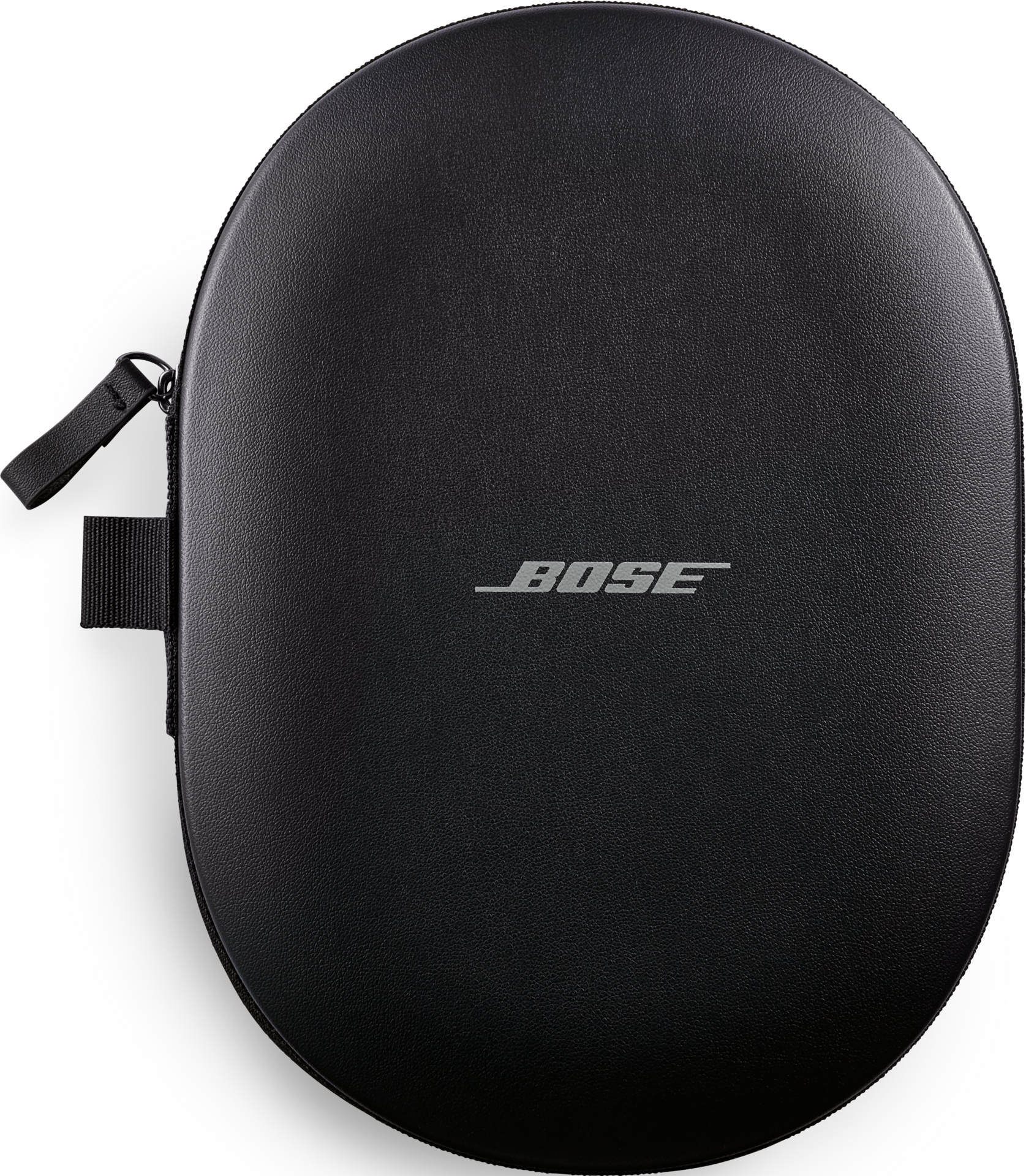 Schwarzes Bose-Kopfhörer-Etui auf schwarzem Hintergrund. Das Etui ist oval und trägt das Bose-Logo.