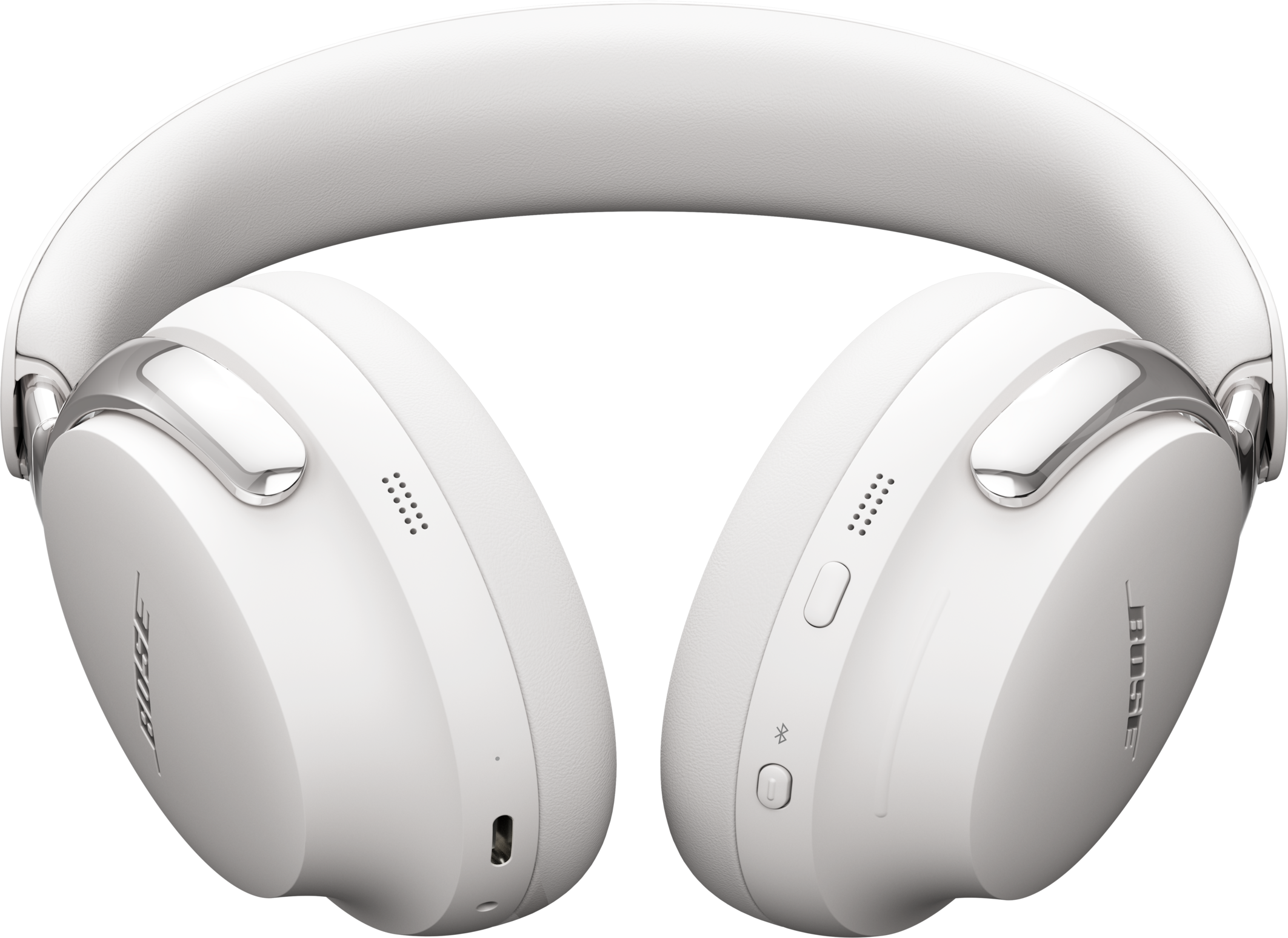 Cuffie Bose bianche con sfondo nero. Le cuffie hanno un accento argentato e pulsanti.
