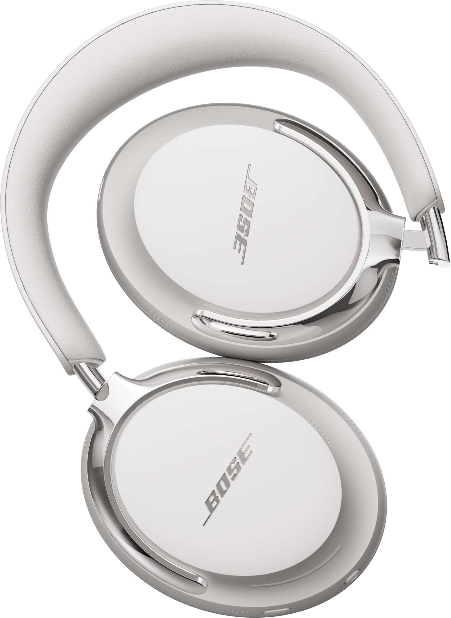 Cuffie Bose bianche, con finiture metalliche argentate e logo Bose. Lo sfondo è nero.