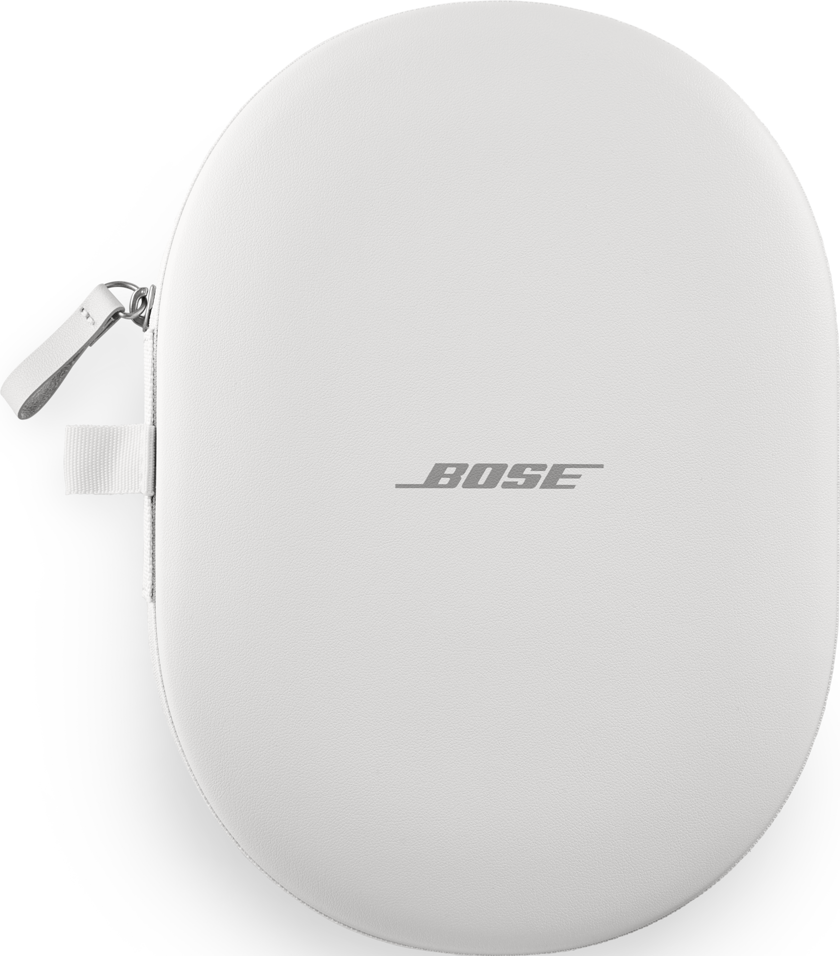 Custodia bianca ovale per cuffie Bose su sfondo nero. Ha una cerniera e il logo Bose.