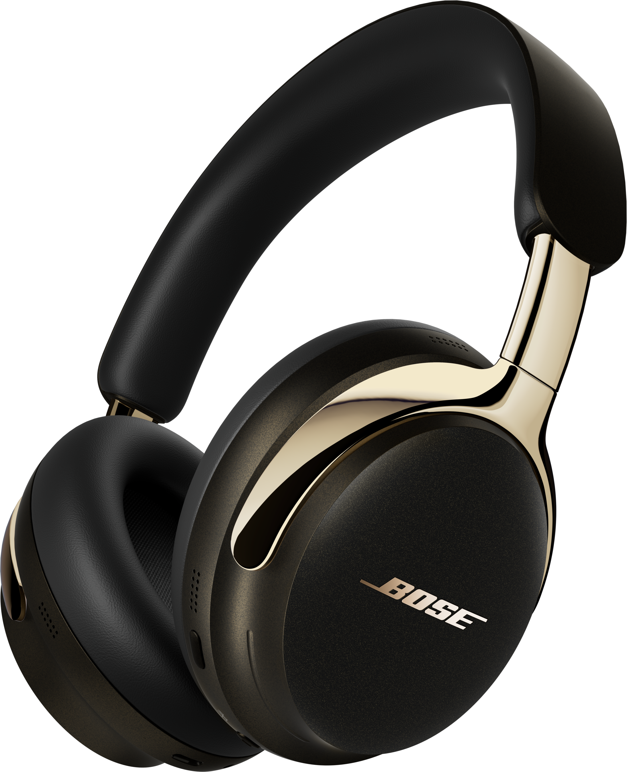 Schwarze und goldene Bose-Kopfhörer auf schwarzem Hintergrund. Die Kopfhörer haben ein goldenes Band und Ohrmuscheln. Das Bose-Logo ist sichtbar.
