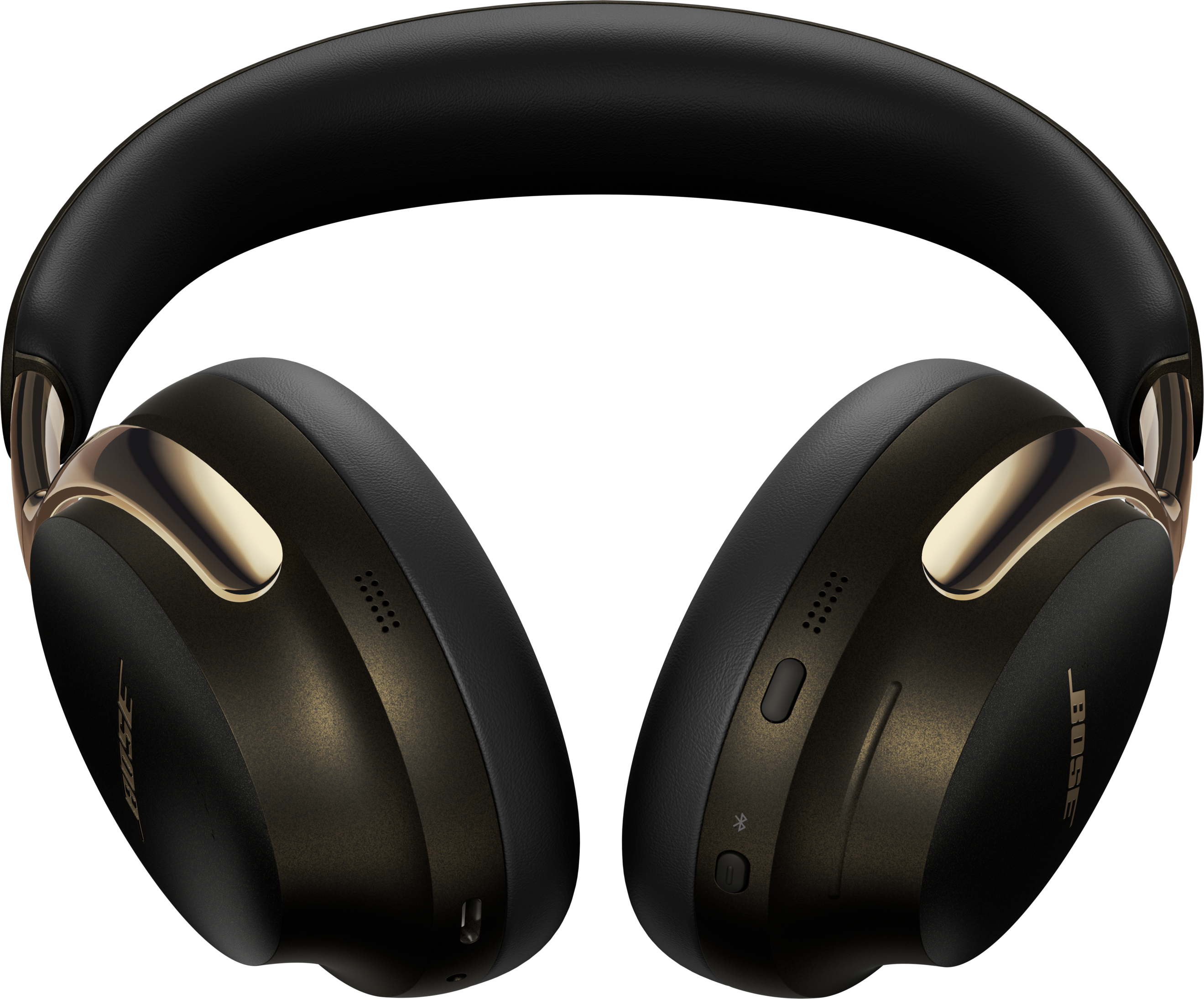 Schwarze und goldene Bose-Kopfhörer auf schwarzem Hintergrund. Die Kopfhörer haben ein modernes Design mit Ohrmuscheln und einem Kopfband.