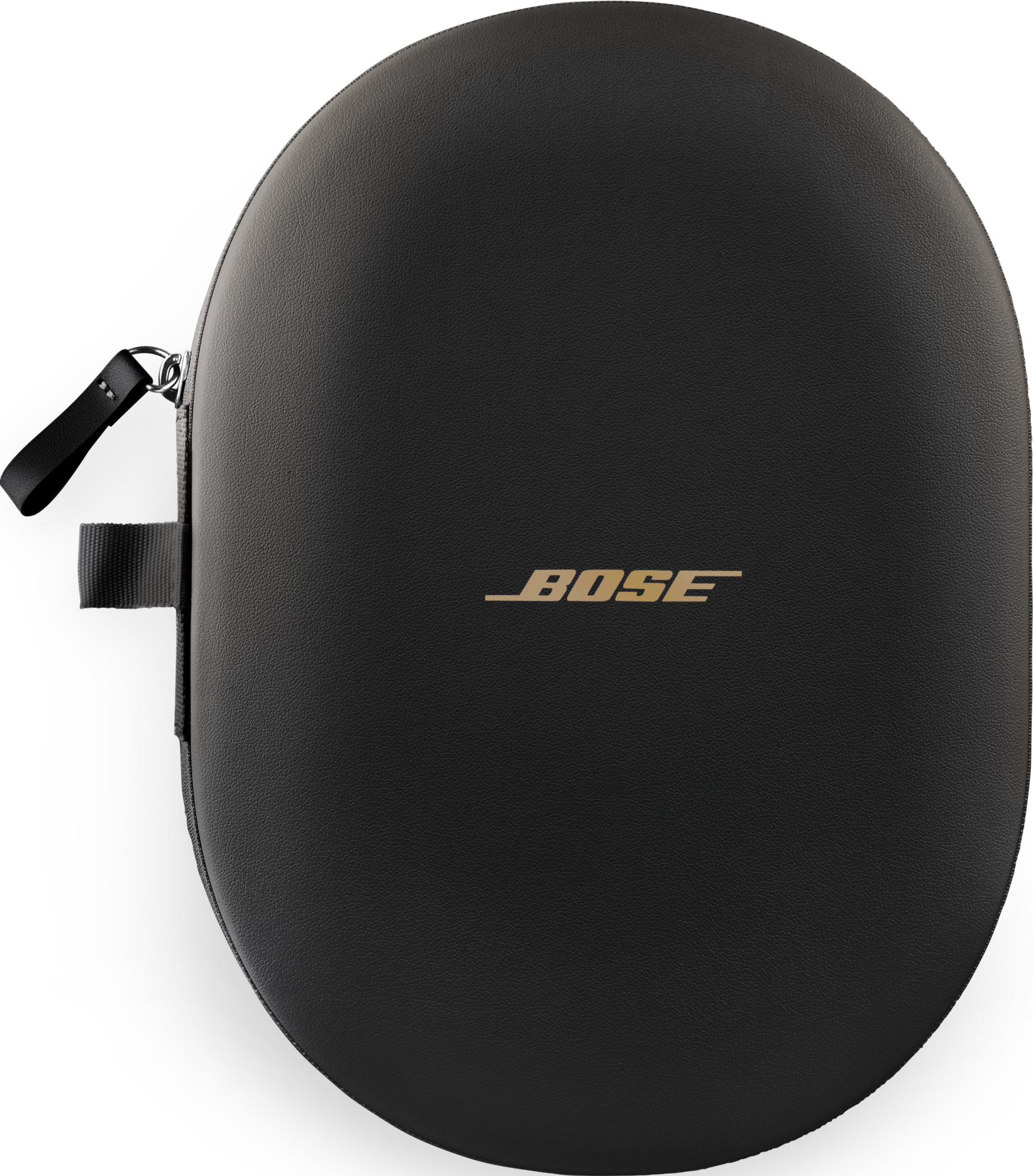 Schwarze Bose-Kopfhörerhülle. Goldenes Bose-Logo. Ledergriff und -riemen. Schwarzer Hintergrund.
