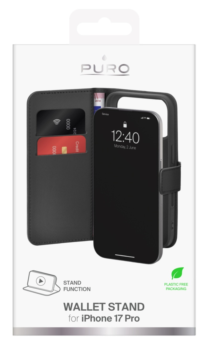 Czarne etui na telefon z kartami w środku. Telefon pokazuje godzinę 12:40. Opakowanie mówi 'Wallet Stand dla iPhone 17 Pro'.