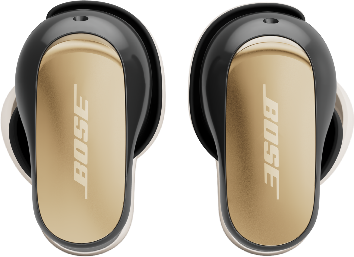 Deux écouteurs sans fil Bose. Design noir et or avec logo Bose. Les embouts sont blancs. Isolé sur fond noir.