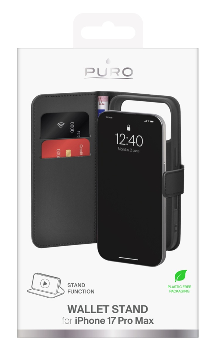Czarne etui na telefon z portfelem. Telefon wyświetla godzinę 12:40. Widoczne karty kredytowe. Nazwa marki to 'PURO'.