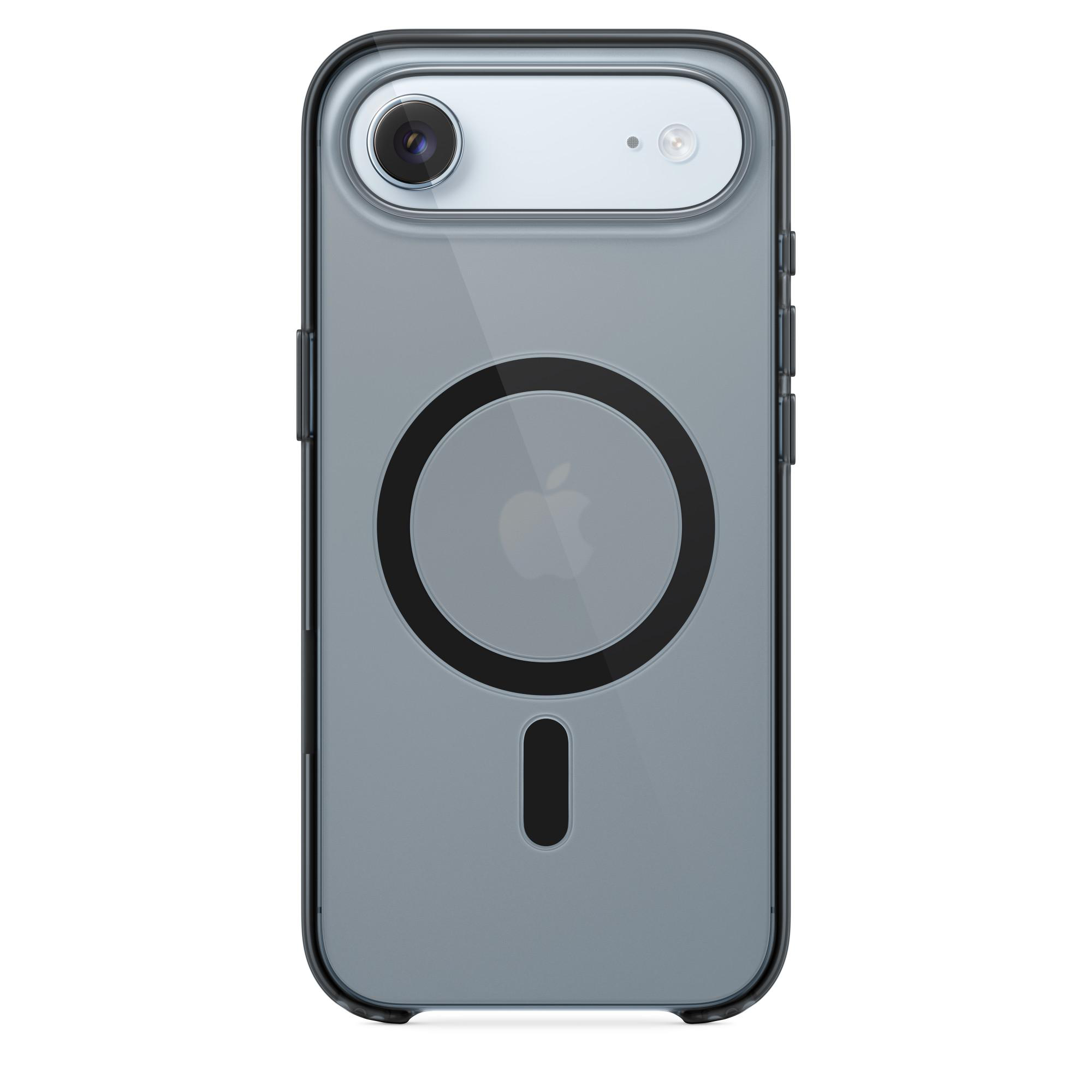 Transparente Handyhülle mit schwarzem Rand. Die Hülle hat einen Kameraausschnitt und ein Apple-Logo mit schwarzem Kreis.