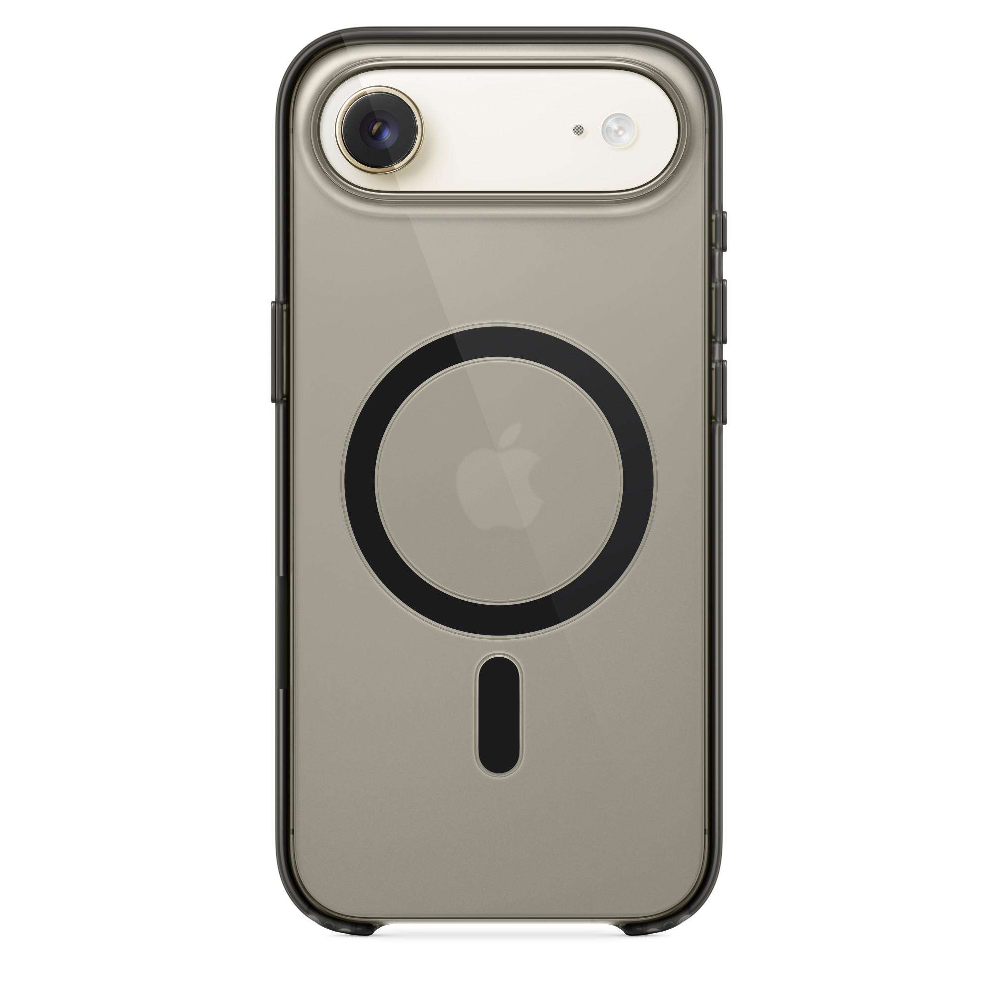 Transparente Handyhülle mit schwarzem Rand. Mit Kameraausschnitt, MagSafe-Kreis, Apple-Logo und unterem Anschluss.