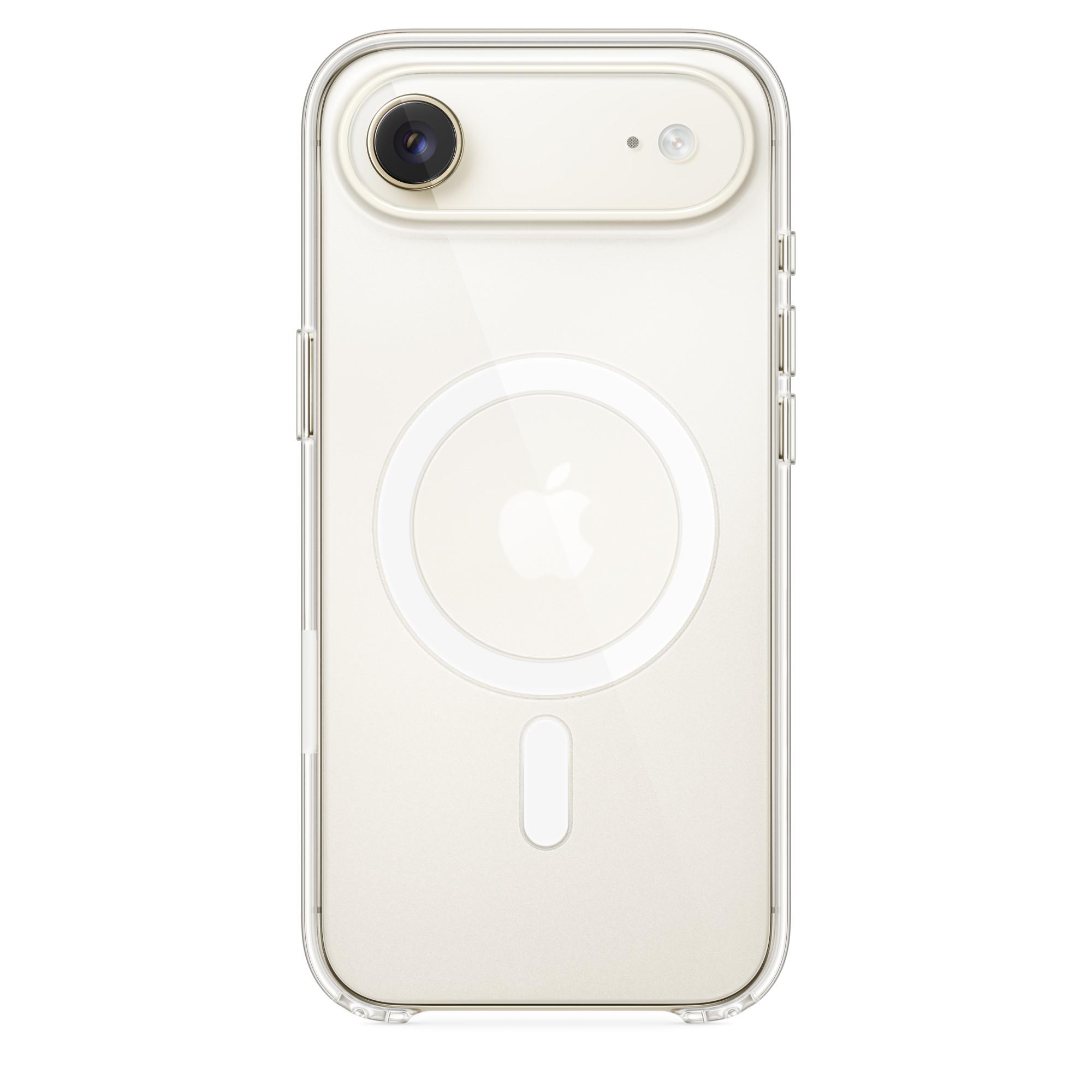 Eine transparente Handyhülle auf einem cremefarbenen iPhone. Die Hülle hat einen MagSafe-Ring und eine Öffnung unten.