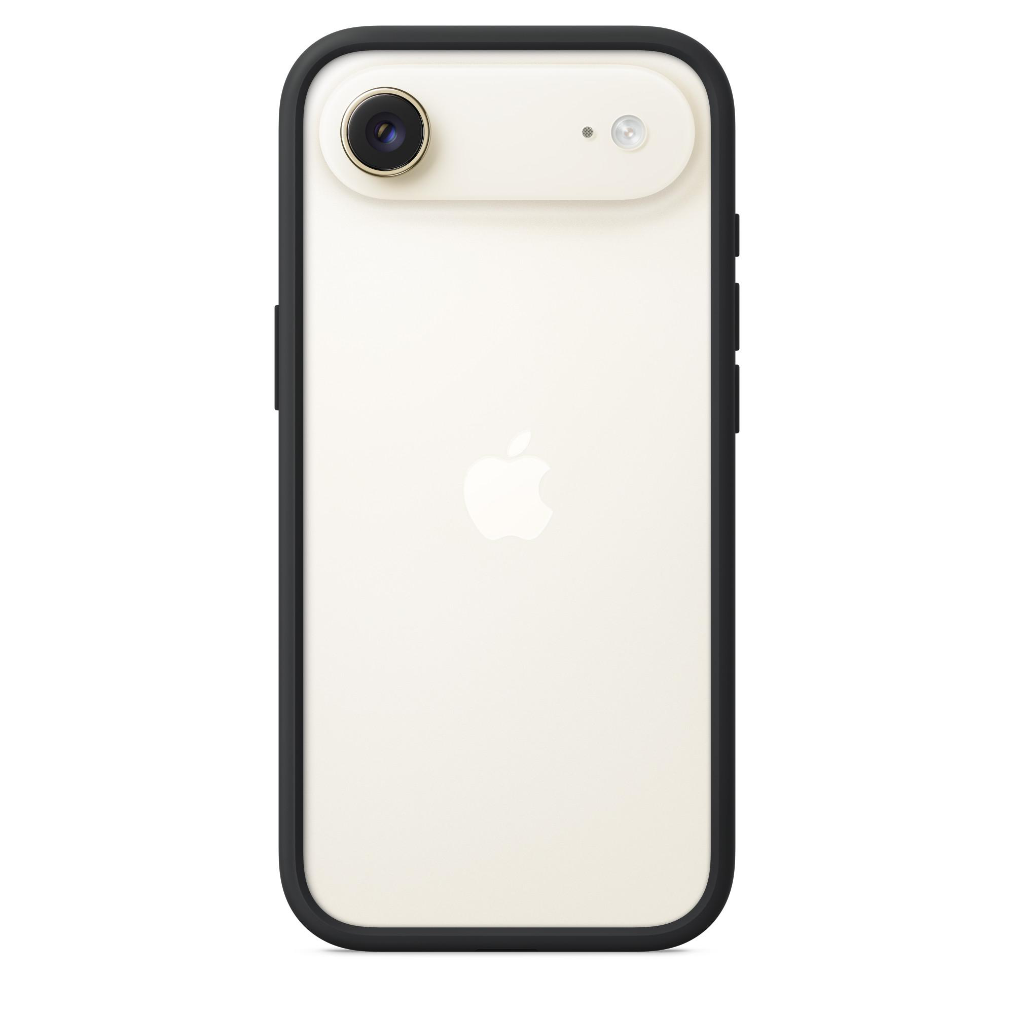 Cremefarbenes Smartphone in schwarzem Gehäuse. Oben befindet sich eine Kameraanordnung und in der Mitte ein Apple-Logo.