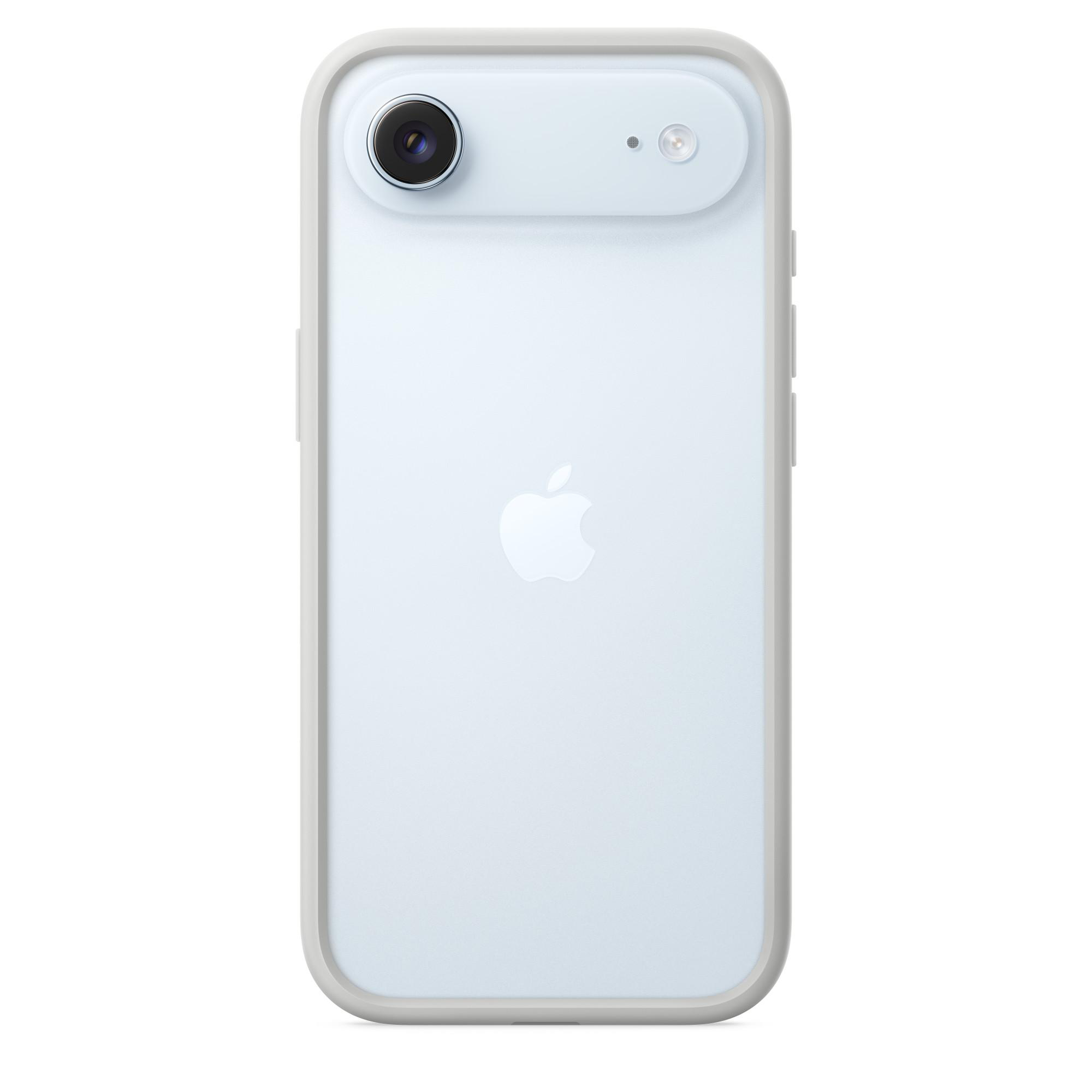 Hellblaues Telefon mit weißem Apple-Logo. Es hat einen hellgrauen Rahmen und eine Dual-Objektiv-Kamera.
