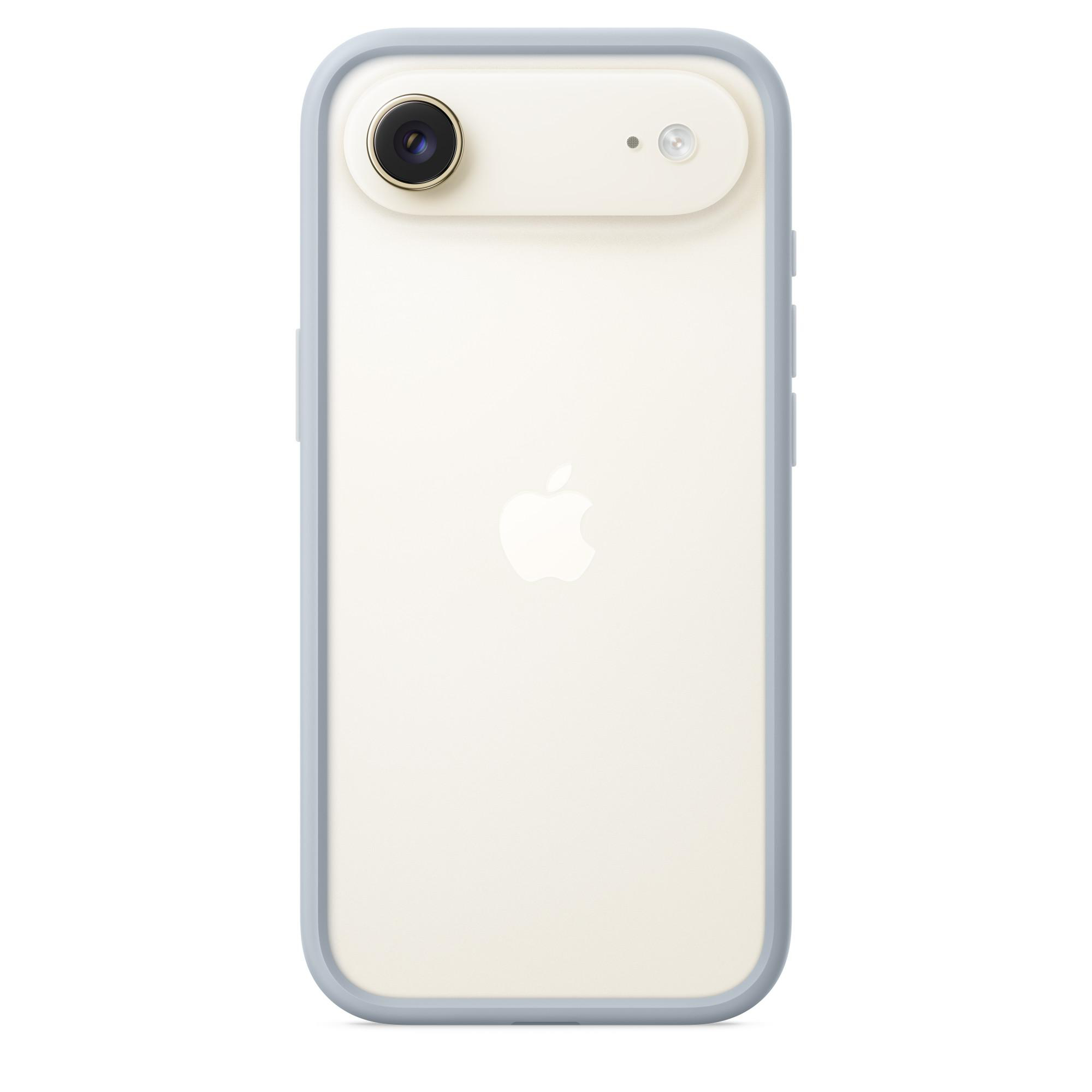 Ein iPhone in einer hellblauen Hülle. Die Rückseite ist cremefarben mit einem weißen Apple-Logo. Die Kamera befindet sich oben.