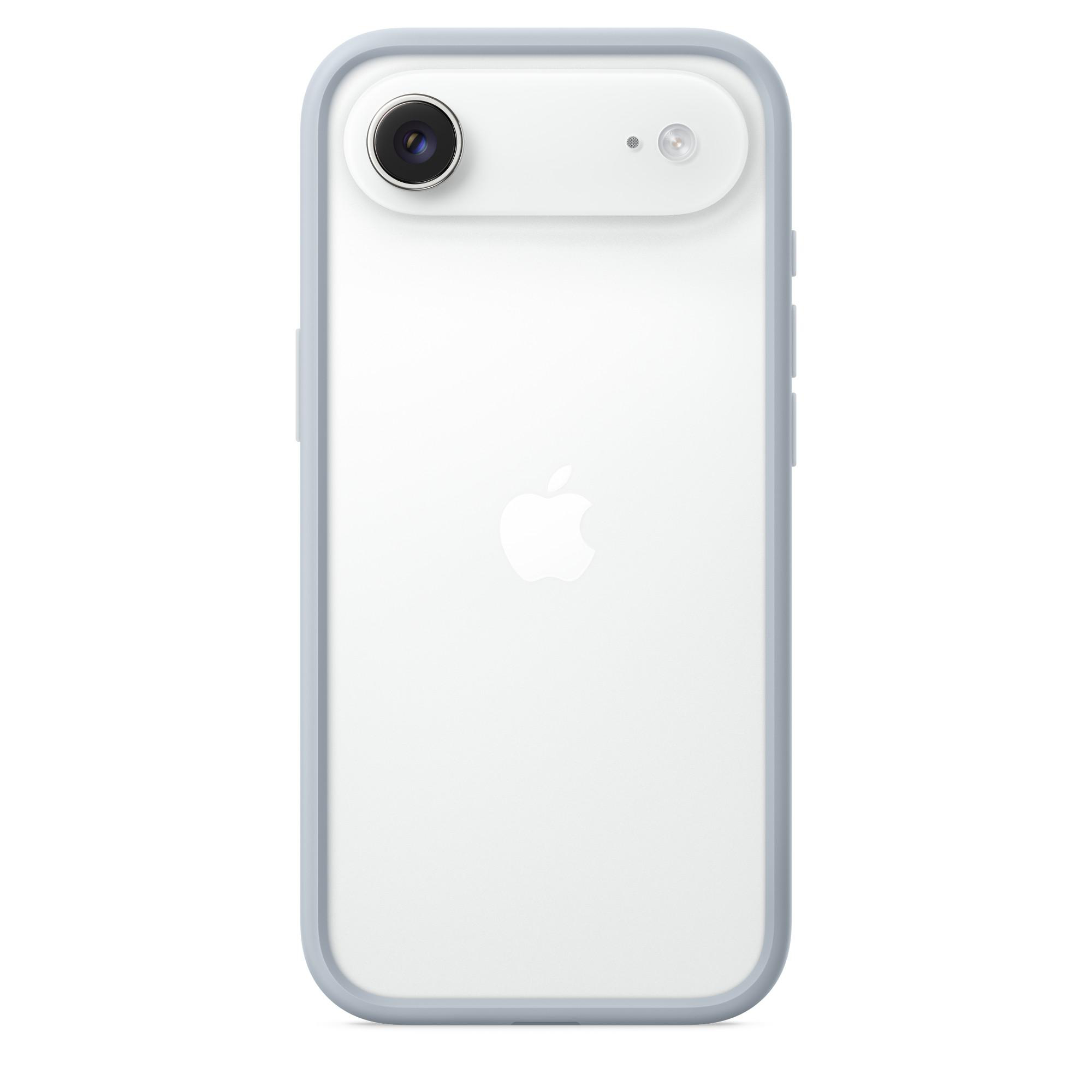 Ein weißes iPhone in einer hellblauen Hülle. Es hat eine Rückkamera und das Apple-Logo.