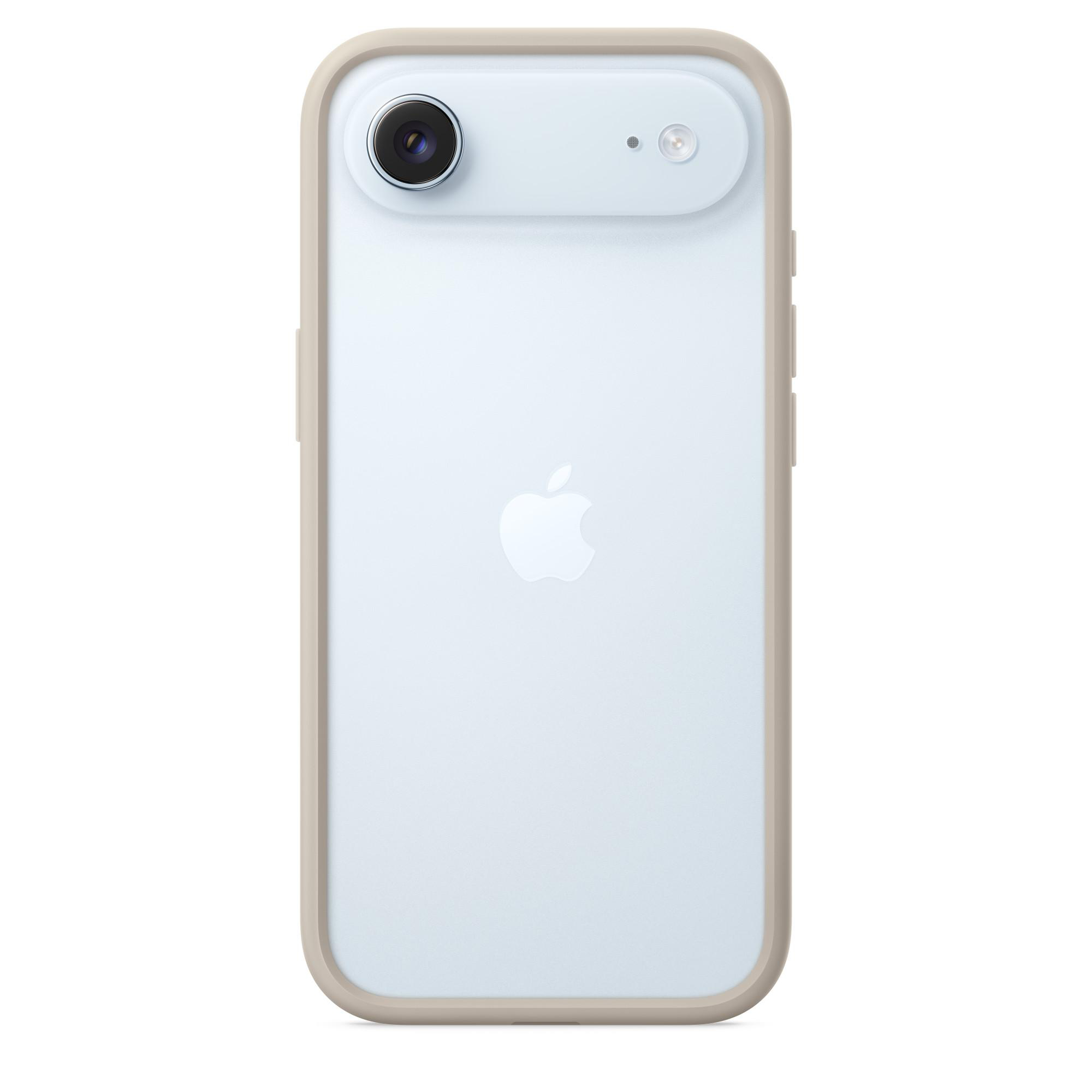 Ein hellblaues Telefon mit beigem Gehäuse. Apple-Logo auf der Rückseite. Kamera und Blitz oben. Isoliert auf weißem Hintergrund.