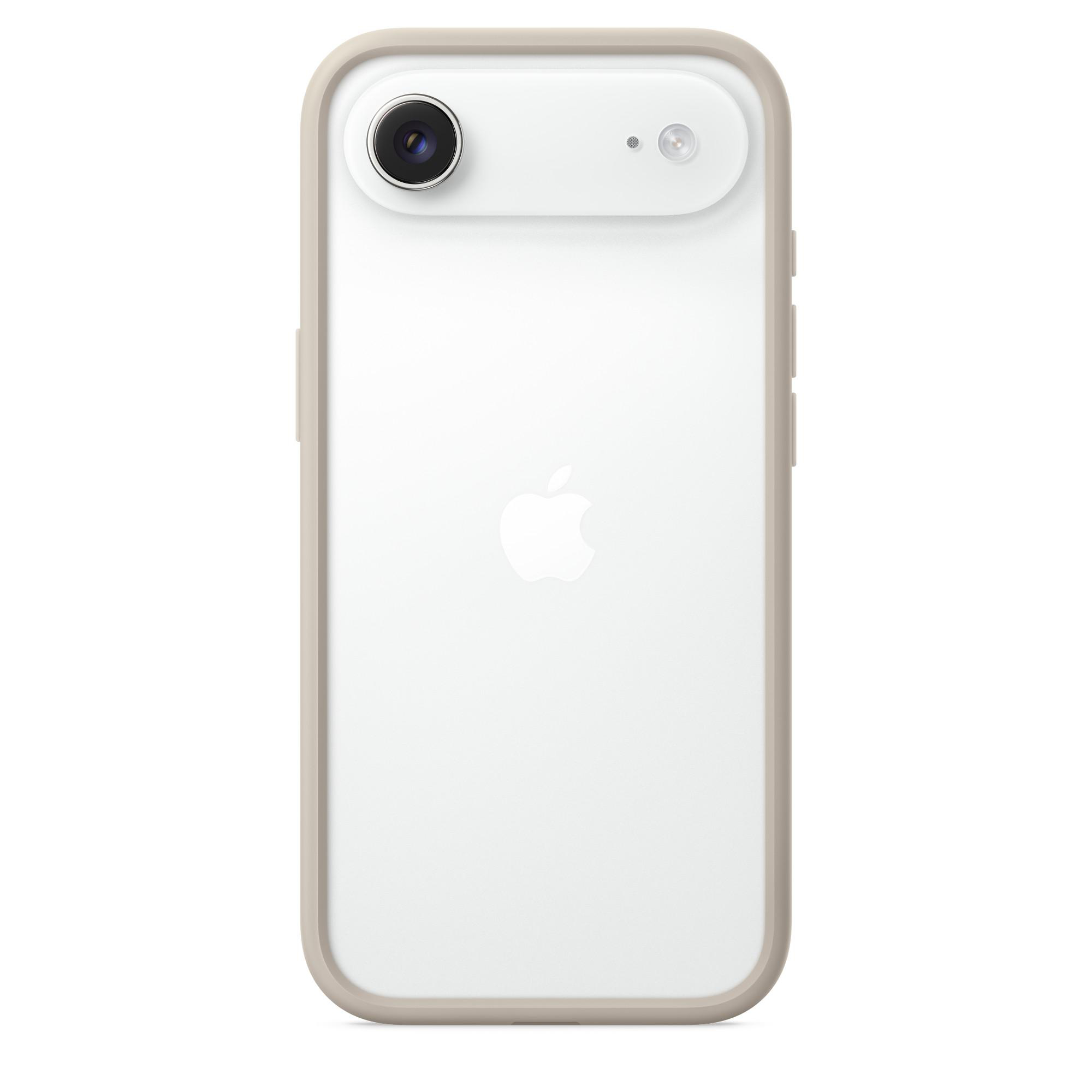 Weißes iPhone mit beigem Gehäuse. Es hat eine Kamera, einen Blitz und das Apple-Logo. Das Telefon ist auf weißem Hintergrund zentriert.