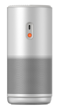 Biały, cylindryczny głośnik z szarą siatką na dole. Posiada port USB-C i pomarańczowy przycisk.