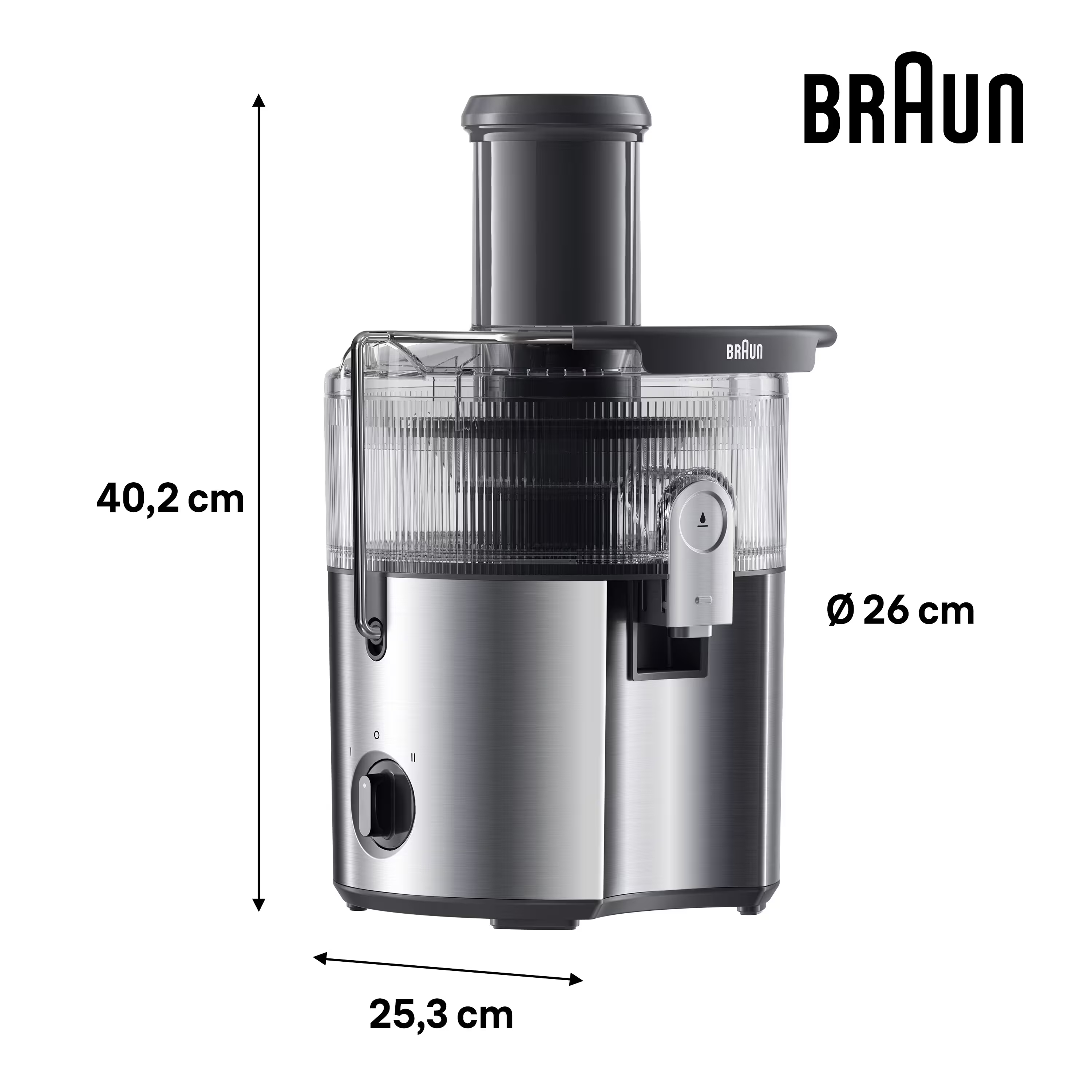 Ein silberner Braun-Entsafter mit einem dunkelgrauen Oberteil. Er hat die Maße: 40,2 cm hoch, 26 cm Durchmesser und 25,3 cm breit.