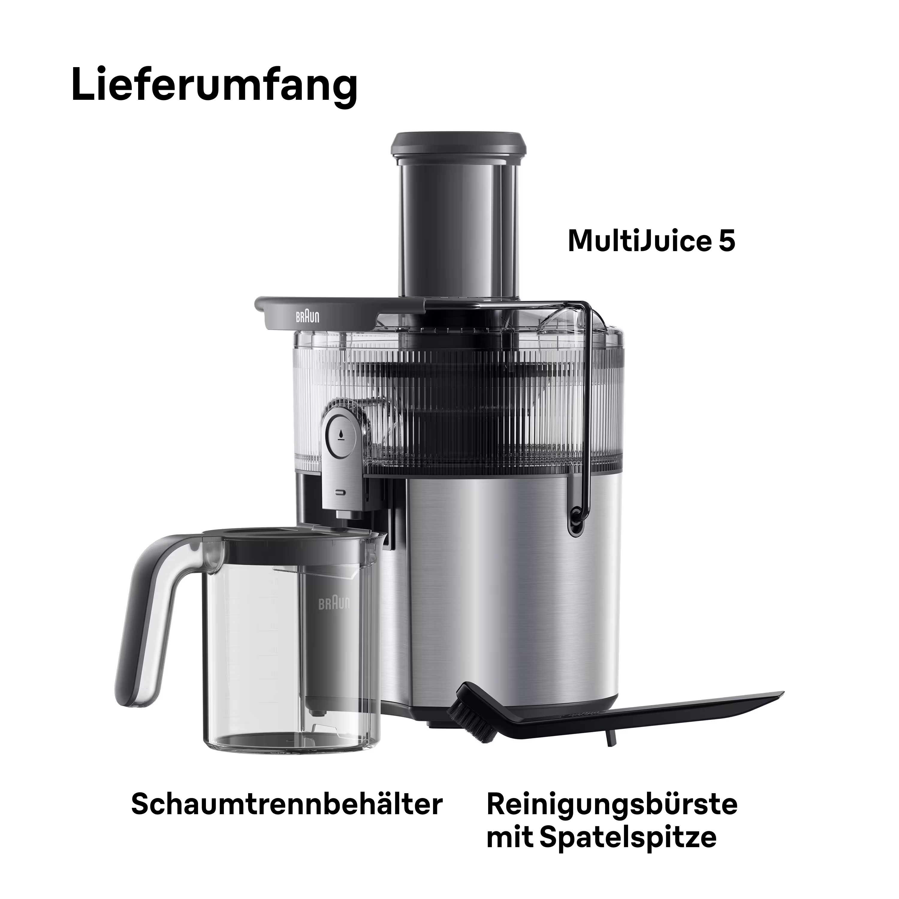 Ein Braun MultiJuice 5 Entsafter mit Komponenten und Zubehör, einschließlich einer Bürste und einem Schaumbehälter.