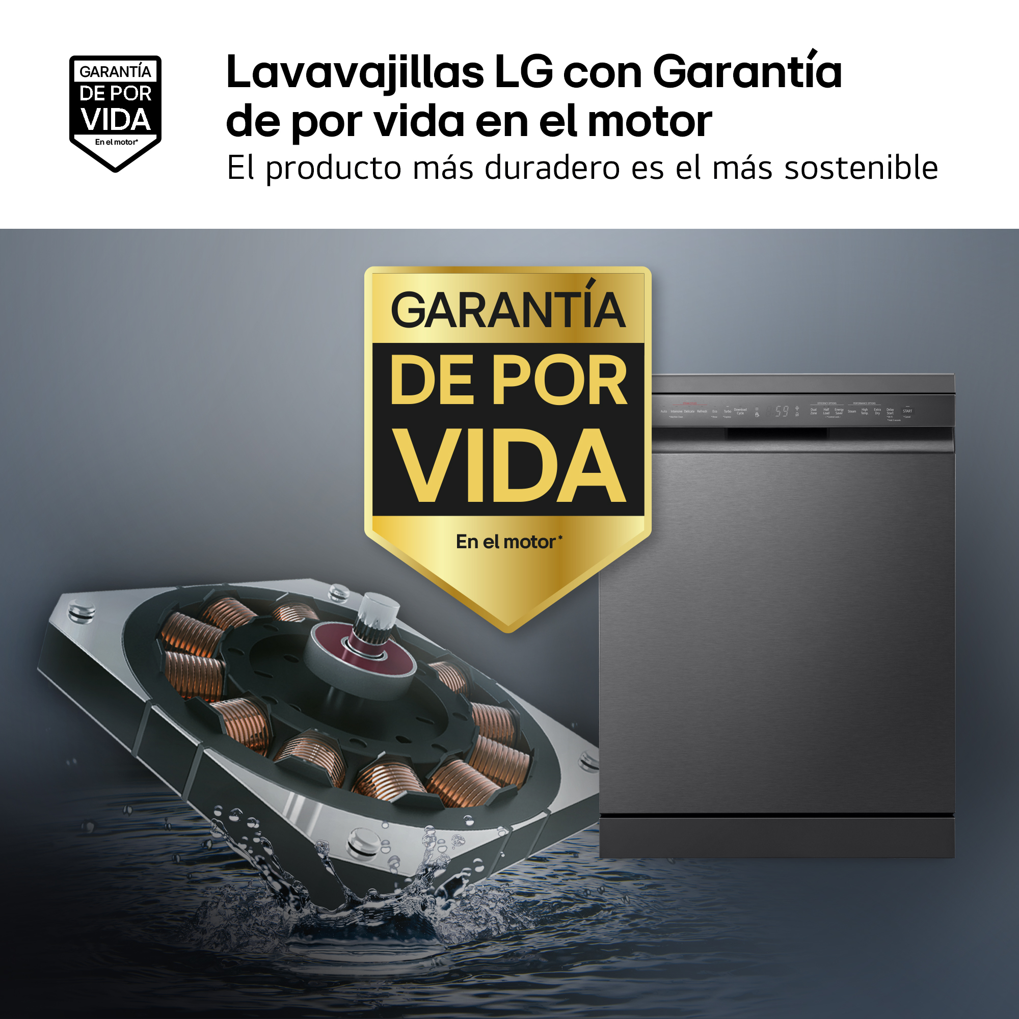 Lavavajillas LG con Garantía de por vida en el motor. El producto más duradero es el más sostenible. Escudo dorado, motor y lavavajillas.