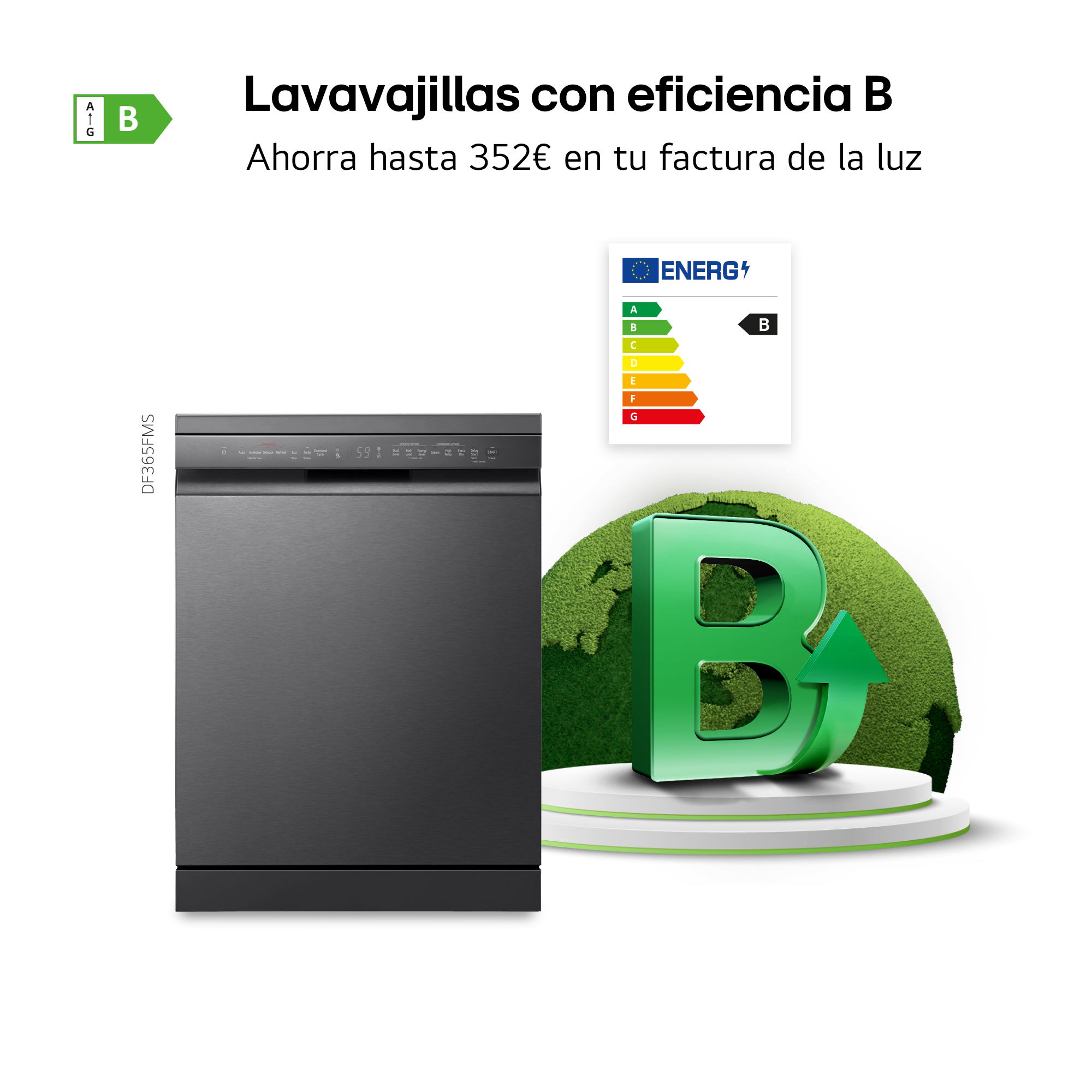 Lavavajillas con eficiencia B. Ahorra hasta 352€ en tu factura de la luz. Lavavajillas negro con icono de etiqueta energética D y globo verde.