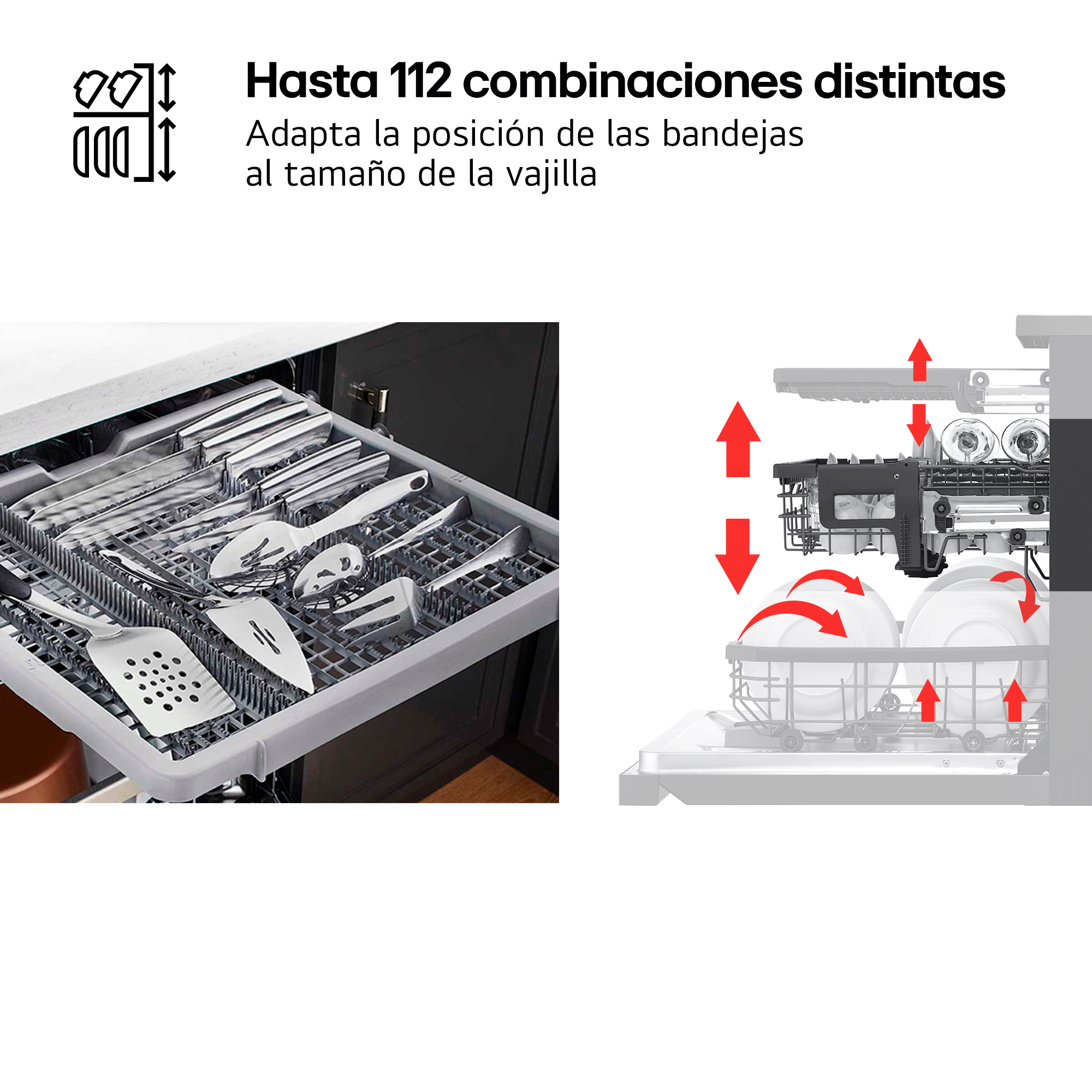 Hasta 112 combinaciones distintas. Adapta la posición de las bandejas al tamaño de la vajilla. Cajón cubiertos y esquema con flechas.
