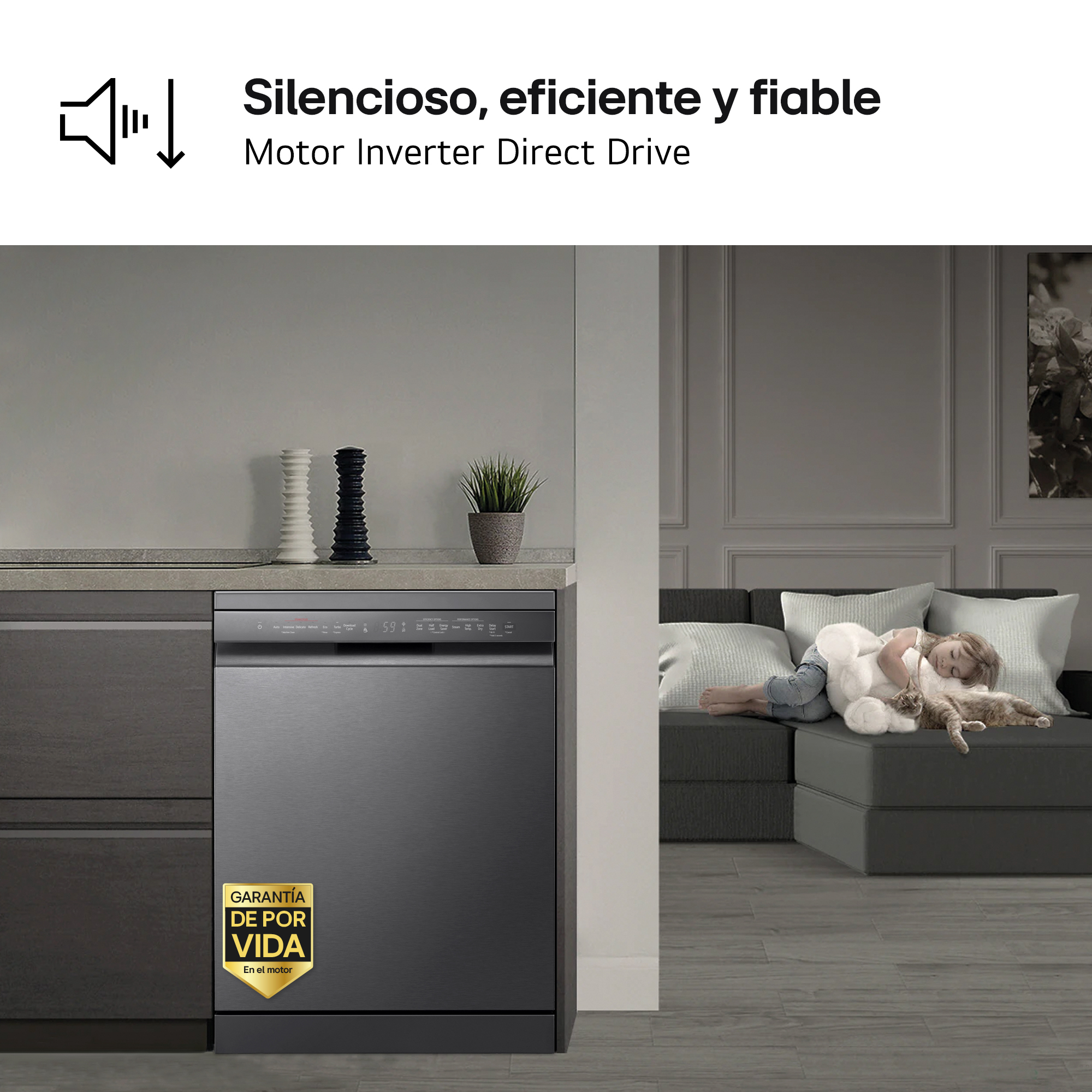 Silencioso, eficiente y fiable. Motor Inverter Direct Drive. Lavavajillas abierto funcionando; niño duerme en sofá al fondo.