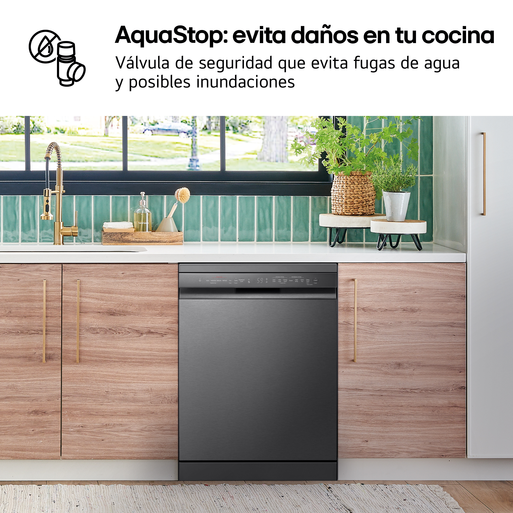 AquaStop: evita daños en tu cocina. Válvula de seguridad que evita fugas de agua y posibles inundaciones. Lavavajillas integrado en cocina.