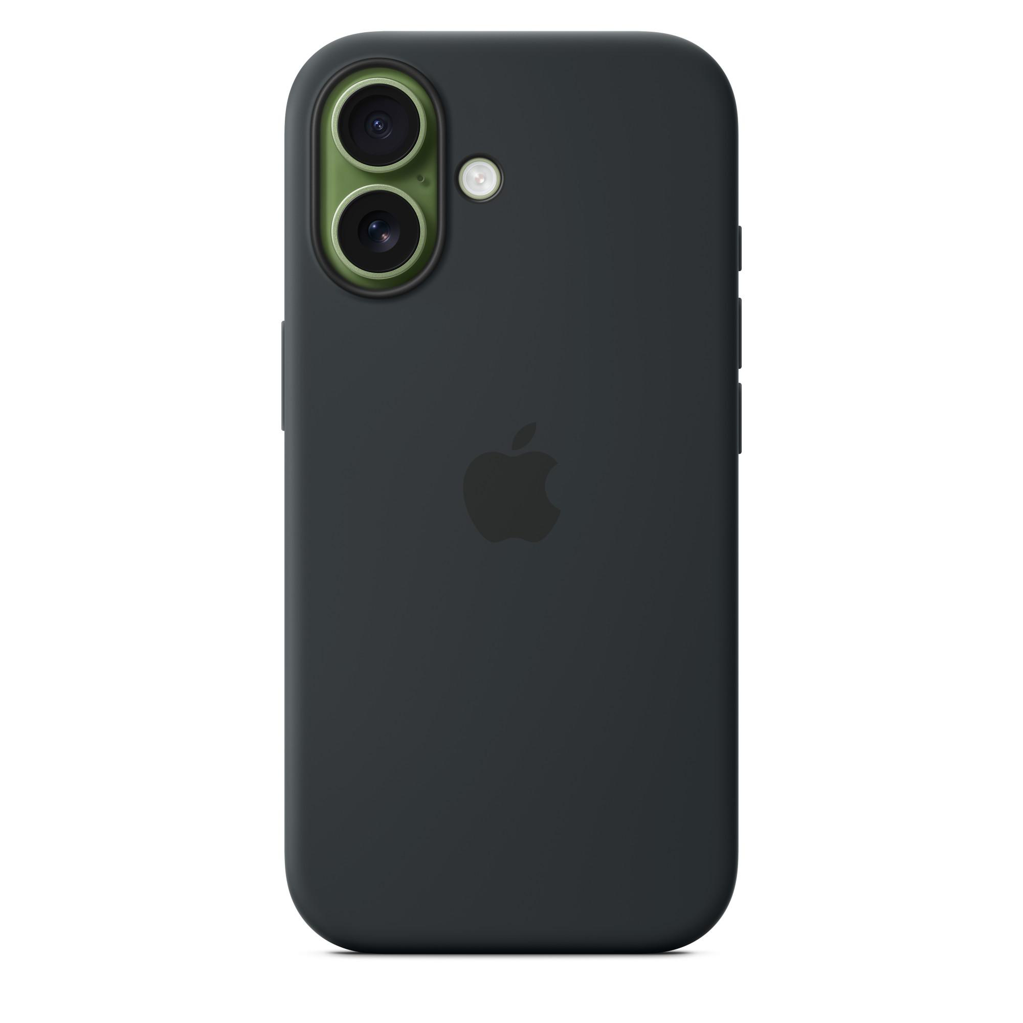 Dunkelgraue Handyhülle mit Kameraausschnitt und Apple-Logo. Die Kameralinsen sind grün.