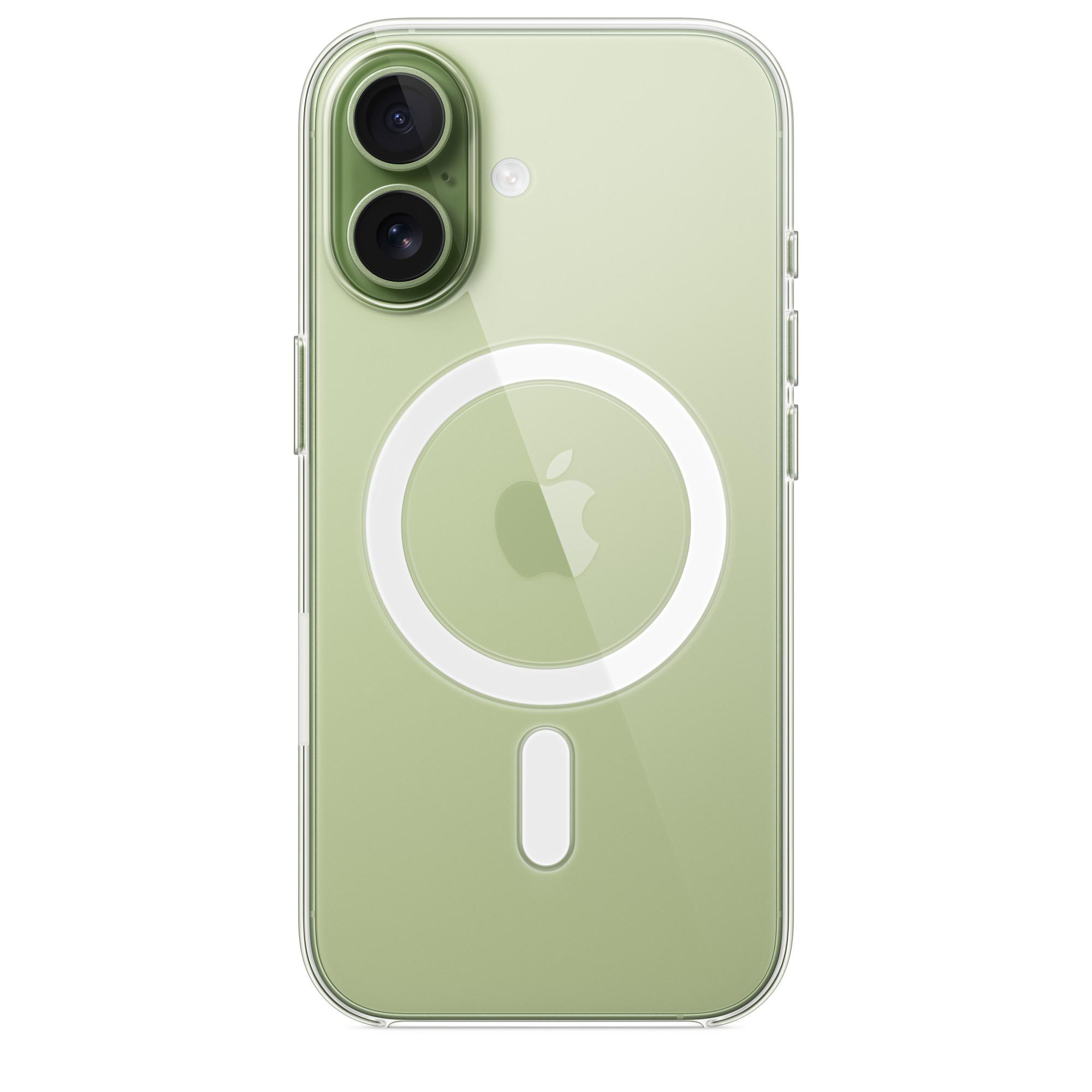Eine transparente Handyhülle auf einem grünen iPhone. Die Hülle hat einen weißen MagSafe-Ring und eine Aussparung für das Apple-Logo.