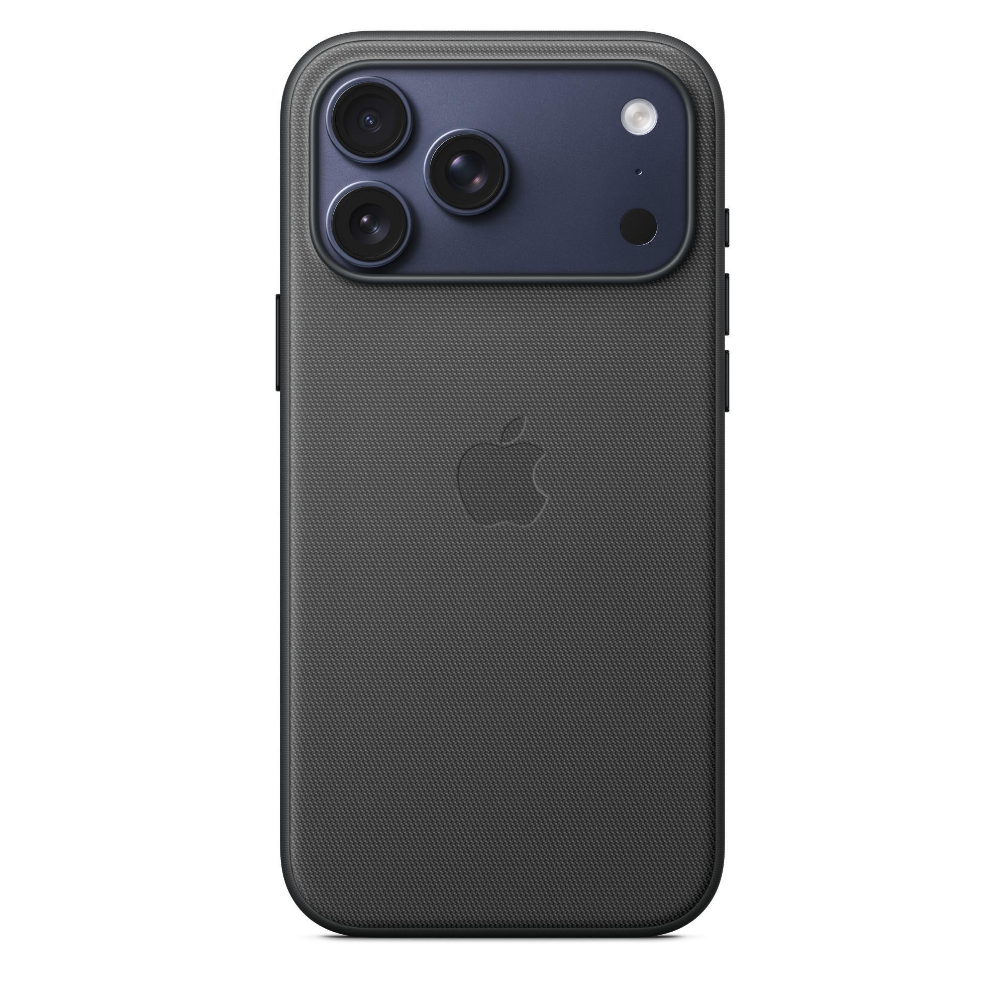 Eine dunkelgraue Handyhülle mit Apple-Logo. Es hat einen blauen Kamerabereich und 3 Linsen.