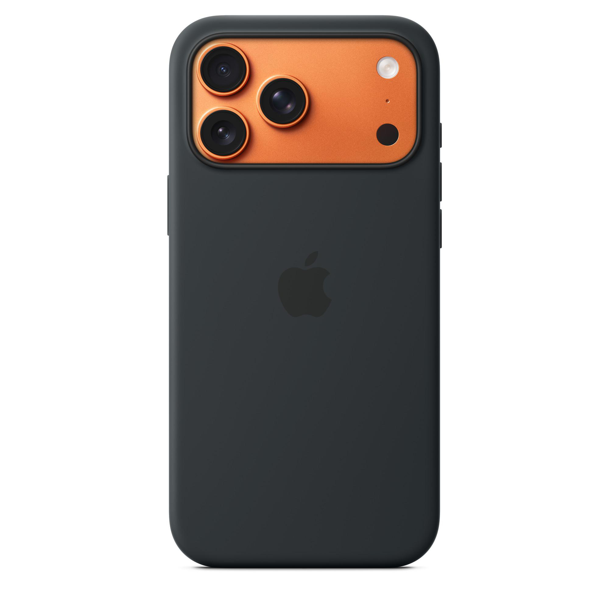 Eine schwarze Handyhülle mit drei Kameralinsen und einer orangefarbenen Rückseite. Apple-Logo sichtbar.