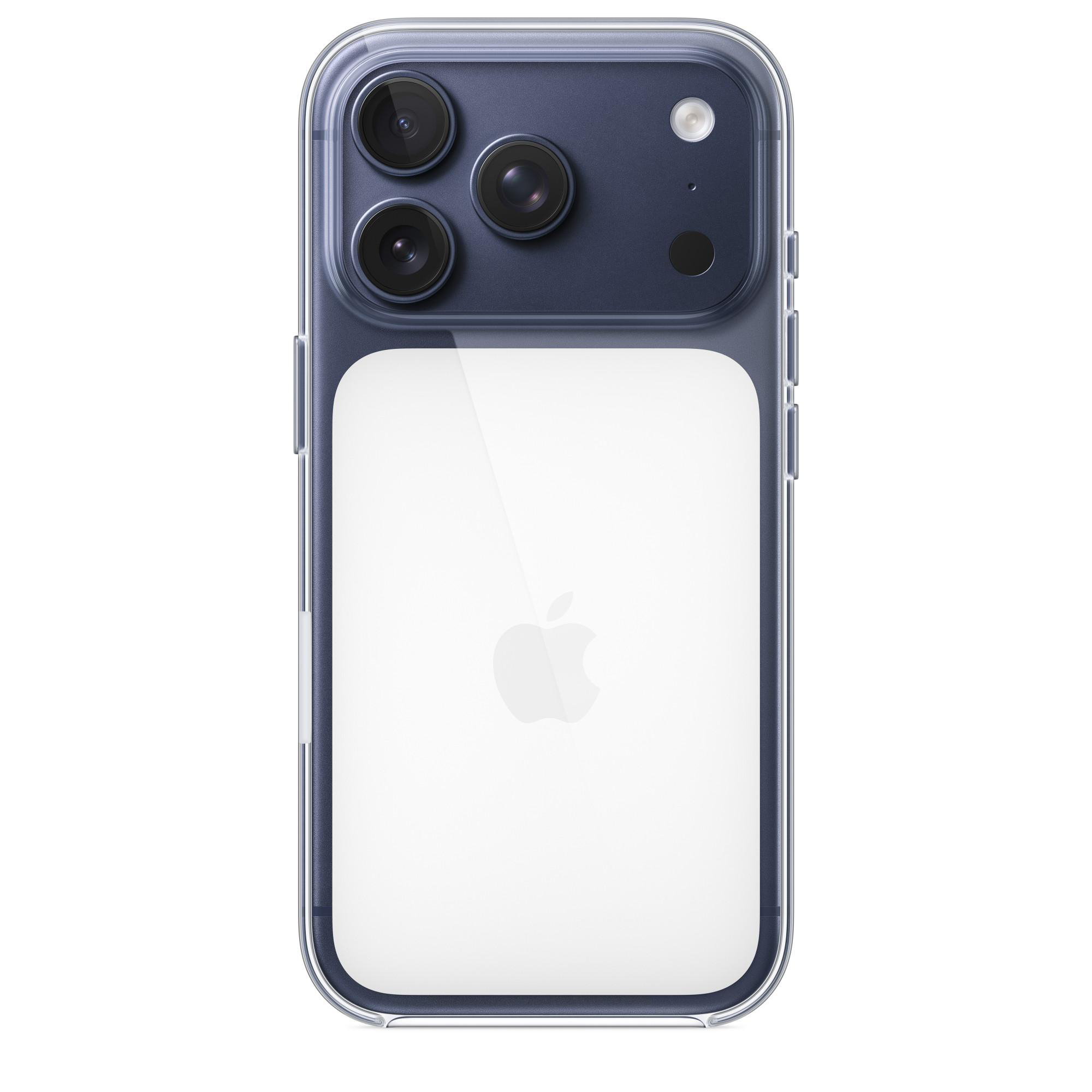 Transparente Handyhülle mit blauem Kamerabereich und Apple-Logo. Drei Kameralinsen und ein Blitz sind sichtbar.
