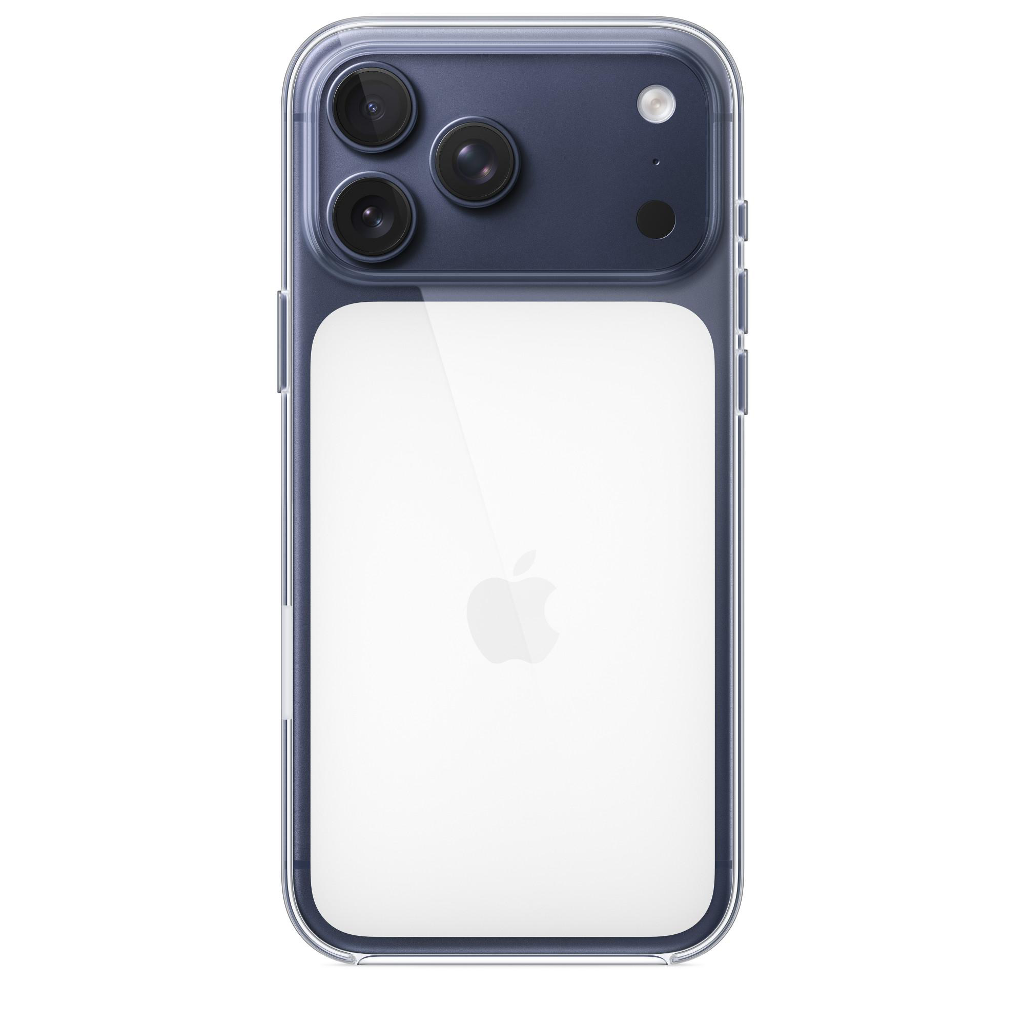 Eine transparente Handyhülle auf weißem Hintergrund. Das Telefon hat einen blauen Kamerabereich und ein Apple-Logo.