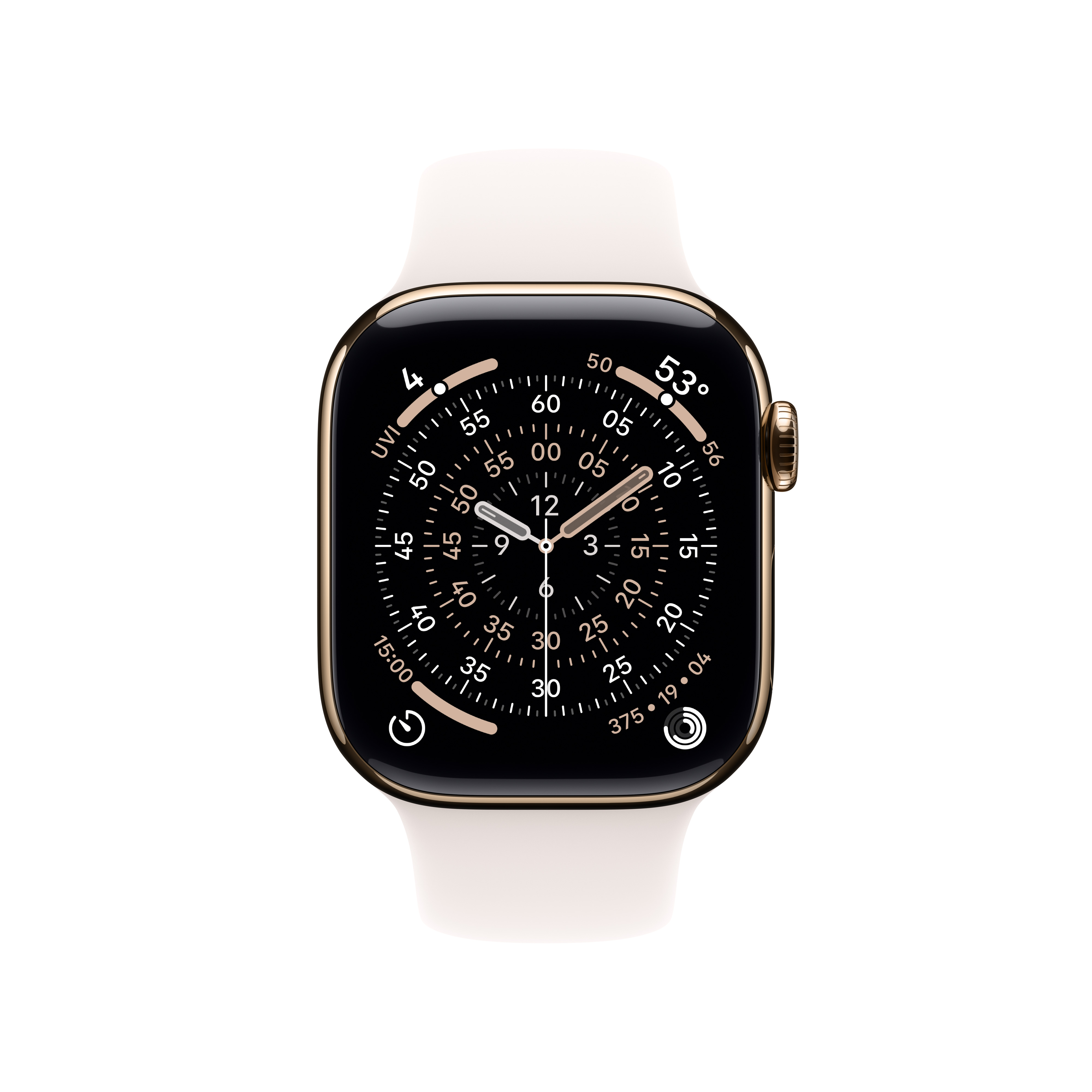 Eine goldene Apple Watch mit schwarzem Zifferblatt und weißem Armband, die Zeit und andere Metriken anzeigt.