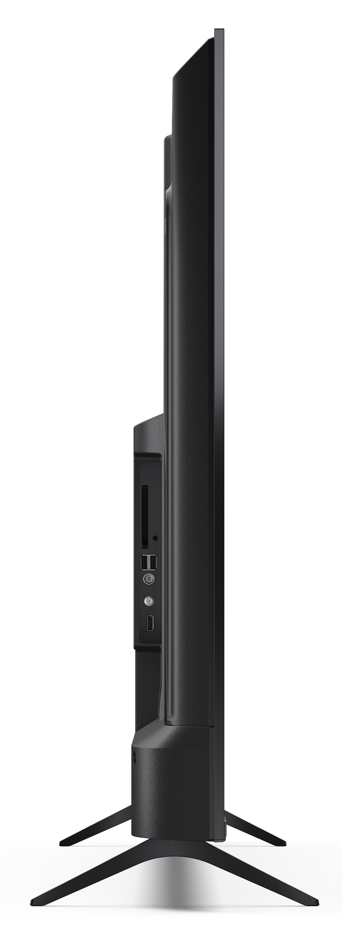 Widok z boku czarnego telewizora. Ma porty i stojak. Tło jest białe.