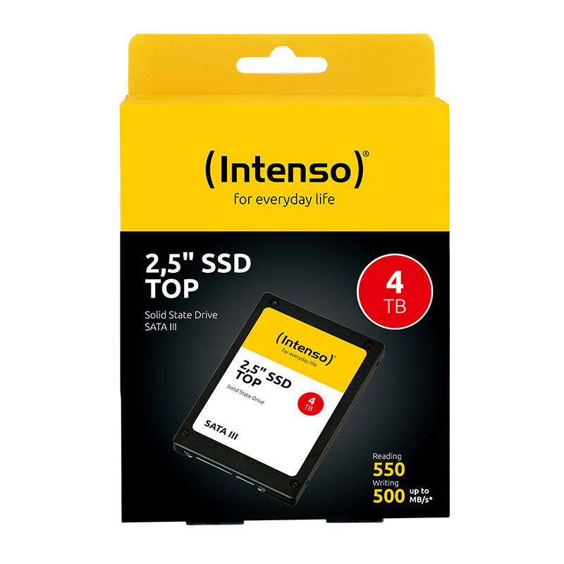 Eine gelb-schwarze Schachtel einer Intenso 2,5" SSD TOP. Zeigt das Produkt und seine Spezifikationen. Eine Kapazität von 4 TB wird hervorgehoben.