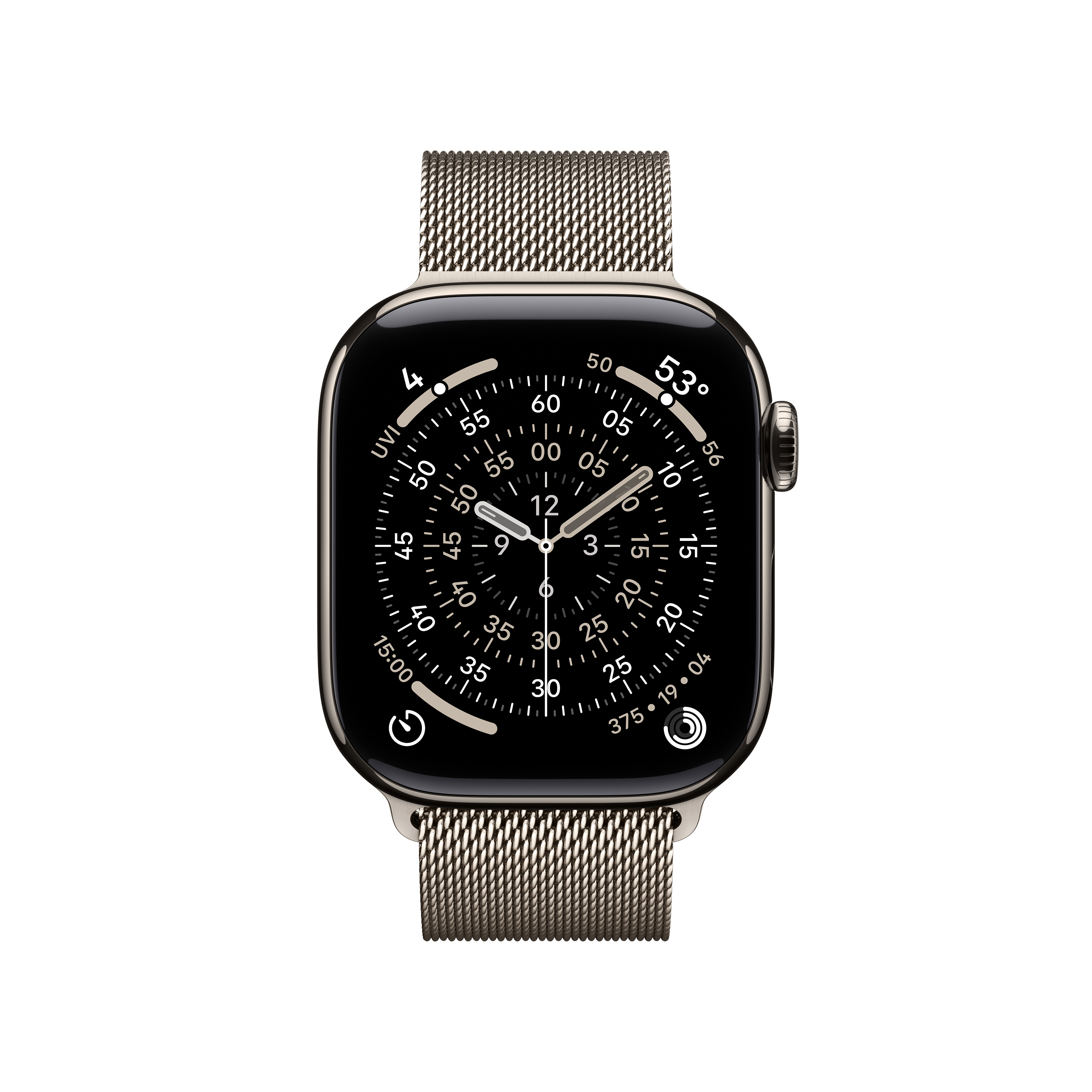 Eine Apple Watch mit schwarzem Bildschirm und Metallband, die Zeit und Daten vor weißem Hintergrund anzeigt.