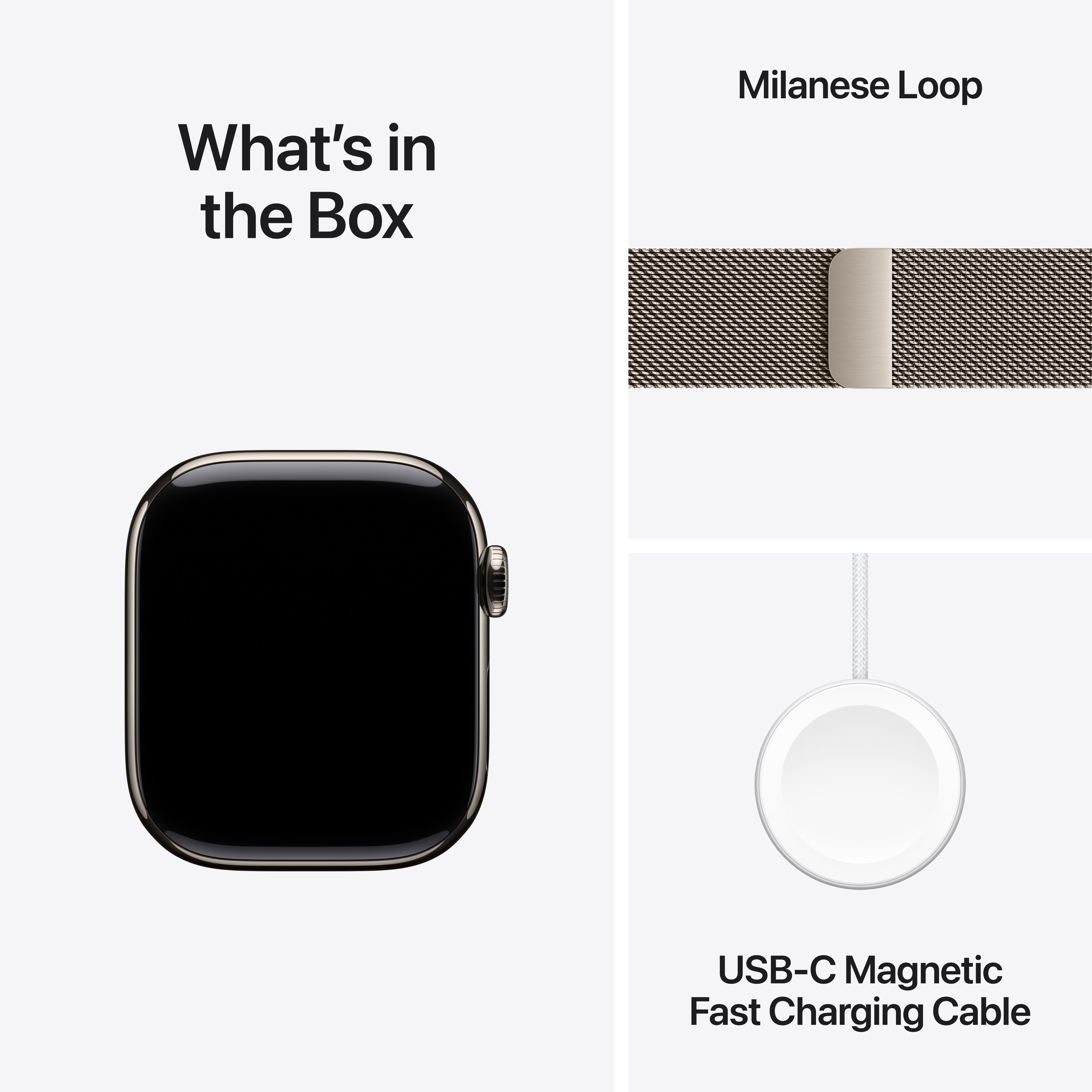 Das Bild zeigt Apple Watch, Milanese Loop Armband und USB-C Magnetic Fast Charging Cable auf weißem Hintergrund.