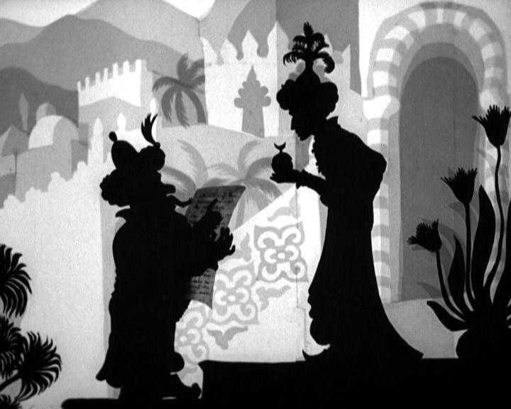 Silhouette von zwei Figuren in orientalischer Kleidung. Einer hält ein Papier, der andere einen runden Gegenstand. Hintergrund zeigt Architektur und Pflanzen.