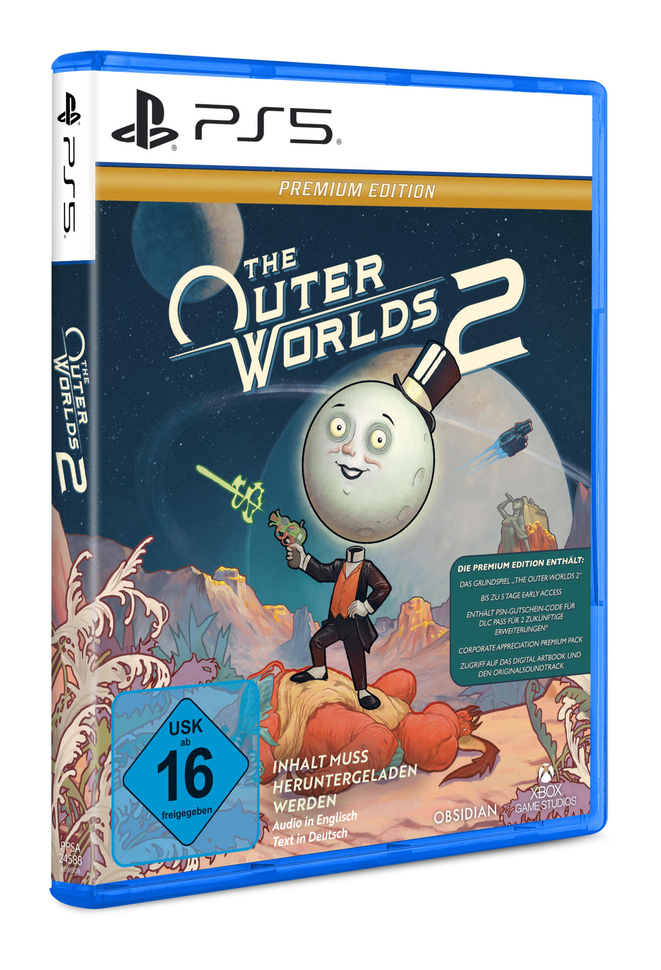 Spielcover von The Outer Worlds 2. Ein Mann mit Mondkopf im Anzug hält eine Waffe. Im Hintergrund Planeten und Text.