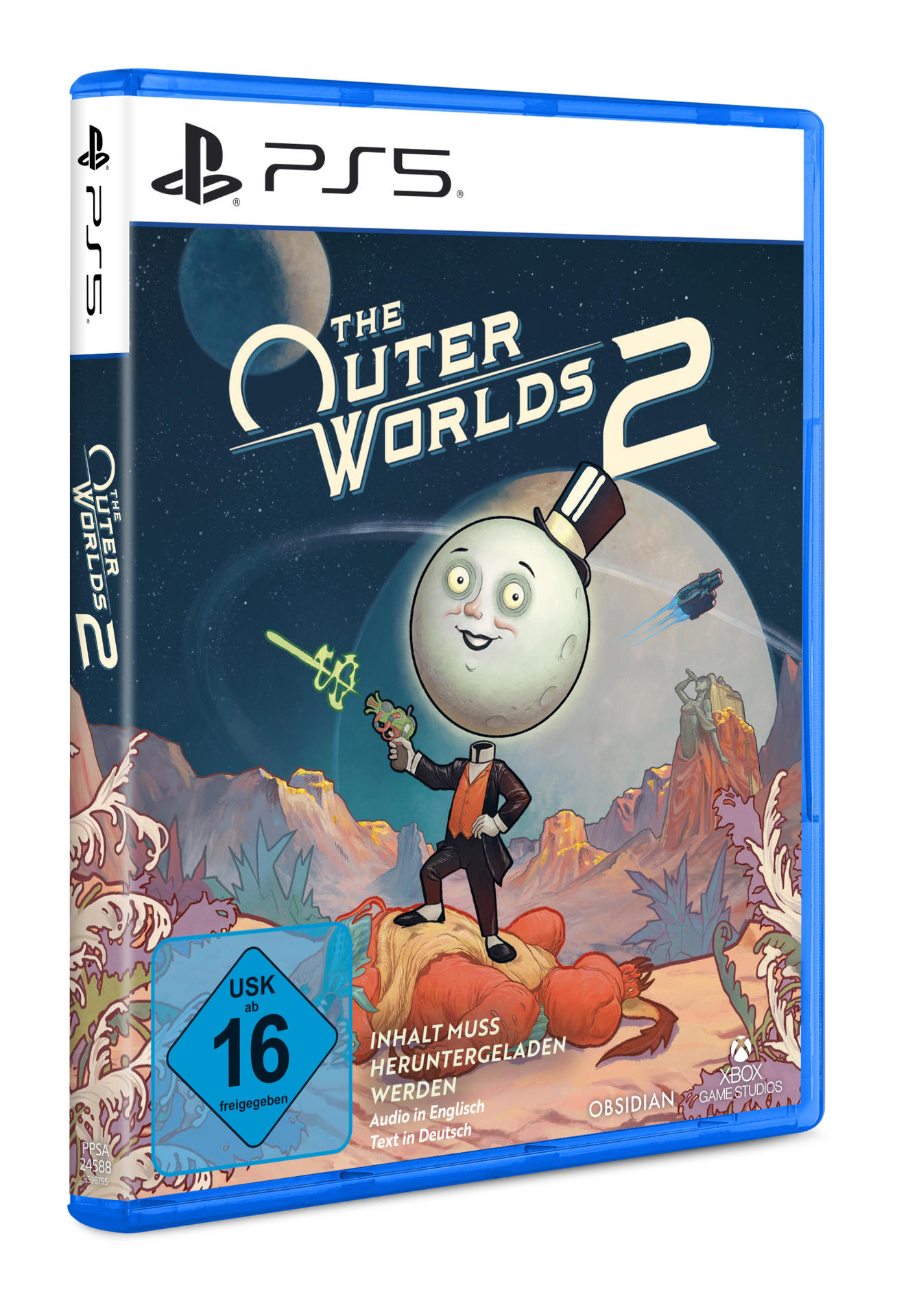 Das Spielcover "The Outer Worlds 2" zeigt eine mondgesichtige Figur mit einer Strahlenkanone. Der Hintergrund zeigt Planeten und ein Raumschiff.
